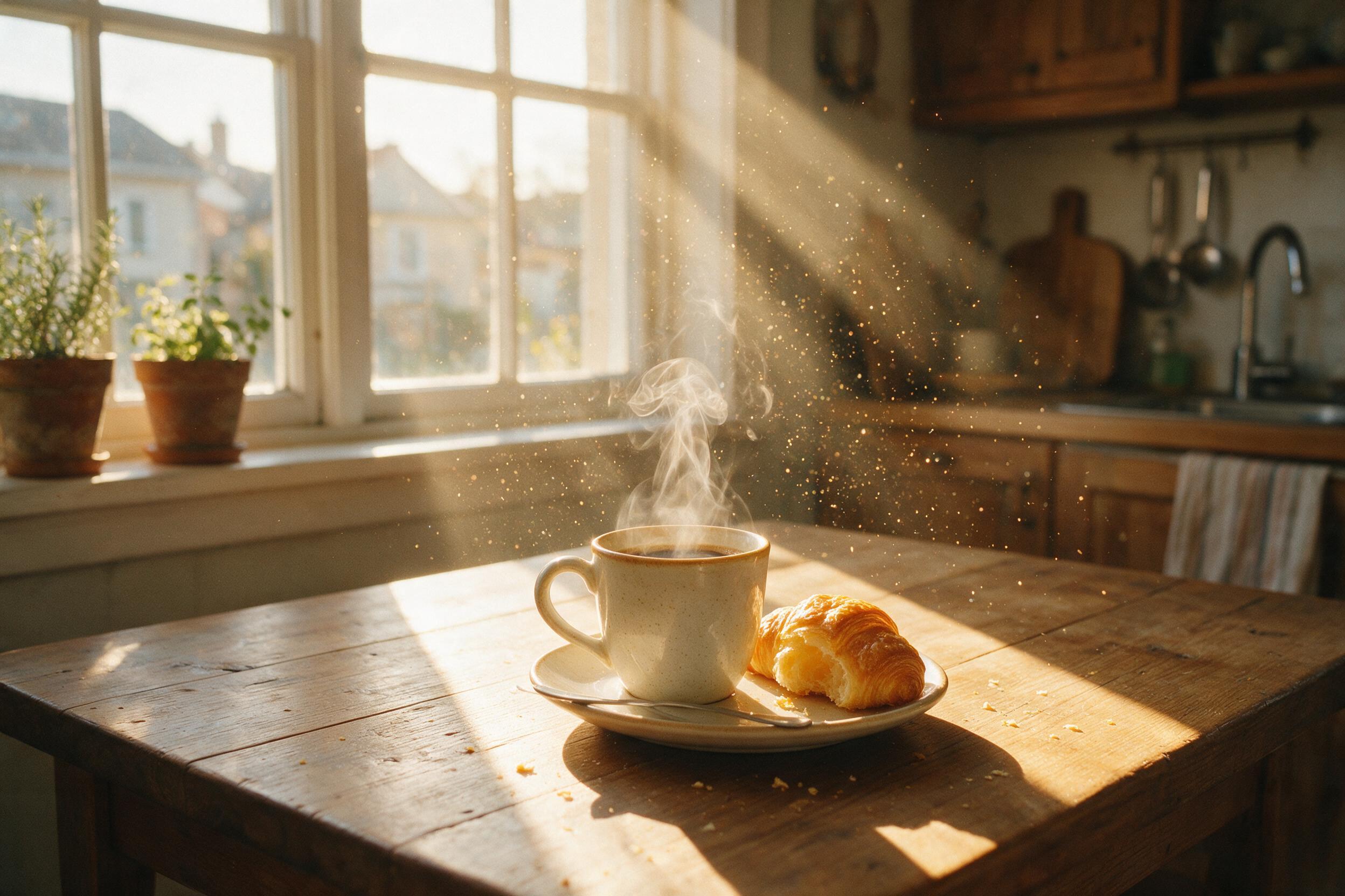 Golden hour light streams through a large window, illuminating a wooden kitchen table with a steaming coffee cup and a half-eaten croissant. Dust motes float in the warm sunlight. Shallow depth of field, slight grain, natural colors, candid composition.