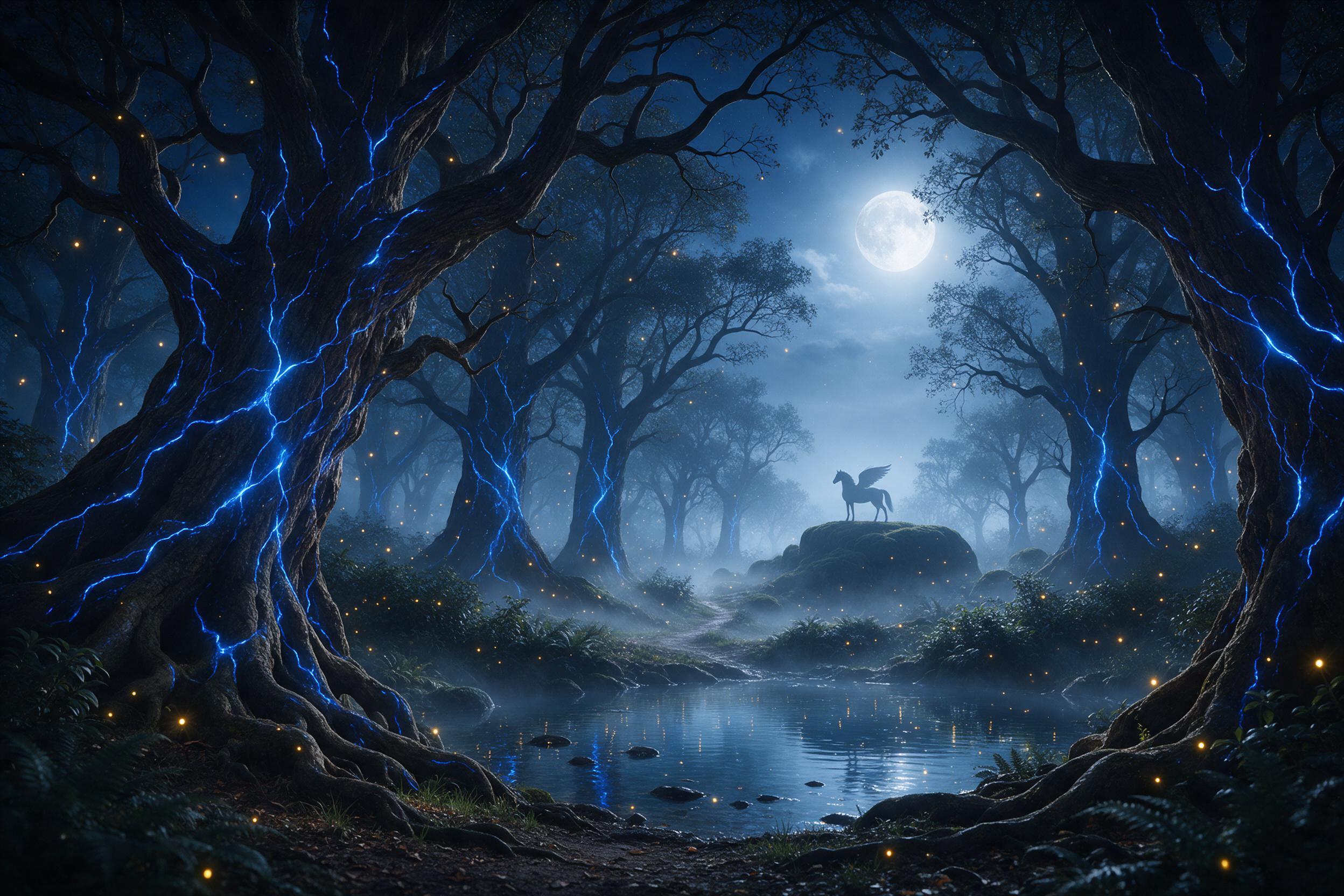 A serene moonlit forest where ancient giant trees with glowing blue veins tower over a misty path; fireflies drift like tiny stars, their light reflecting off a crystal-clear pond. In the distance, a faint silhouette of a winged horse stands on a mossy rock, watching silently. Soft silver moonlight 