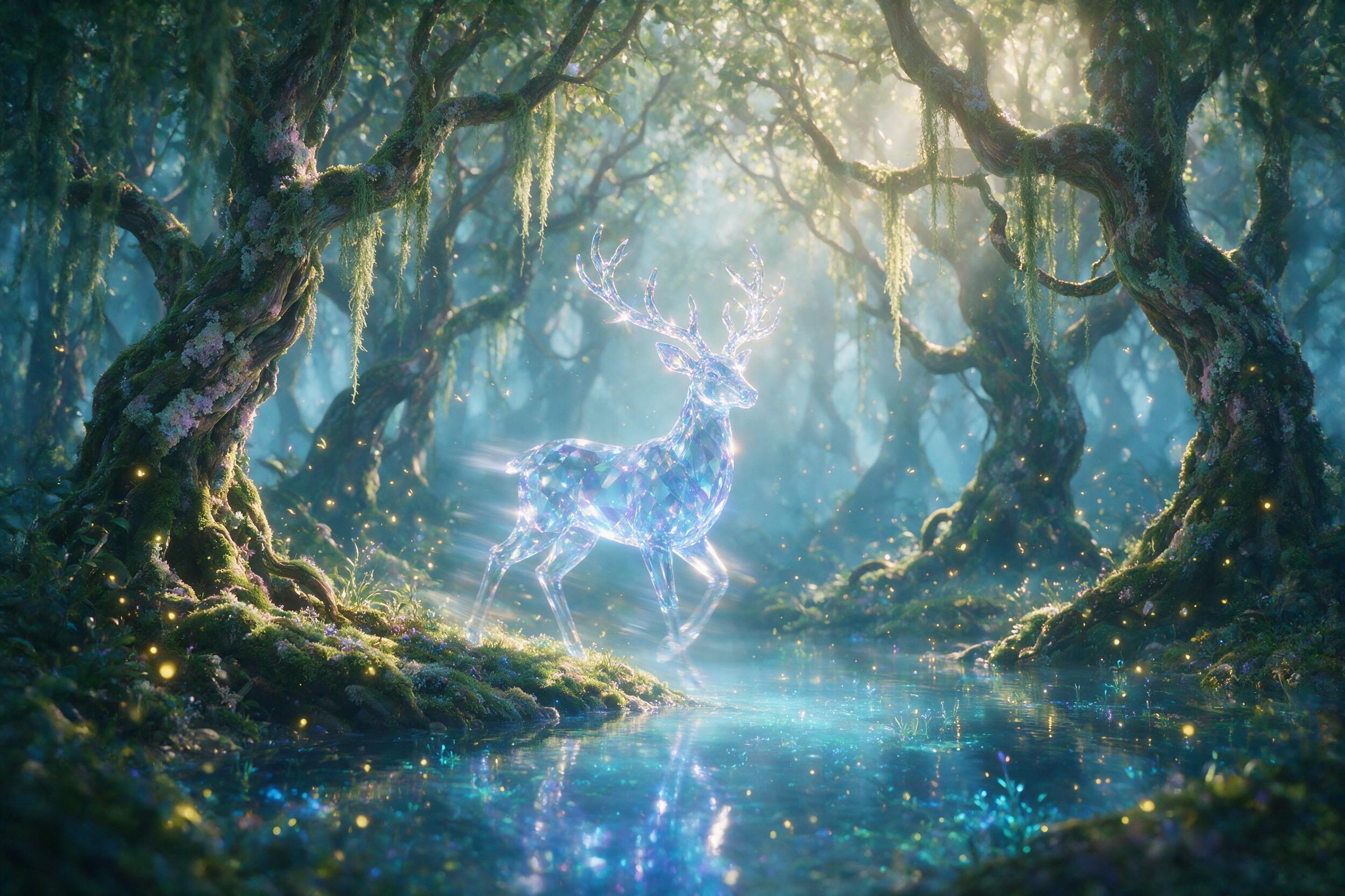 In a misty enchanted forest, a glowing crystal deer stands beside a luminous pond, surrounded by fireflies and hanging moss, soft golden light filtering through twisted ancient trees, shallow depth of field, dreamy atmosphere, slight motion blur on the deer