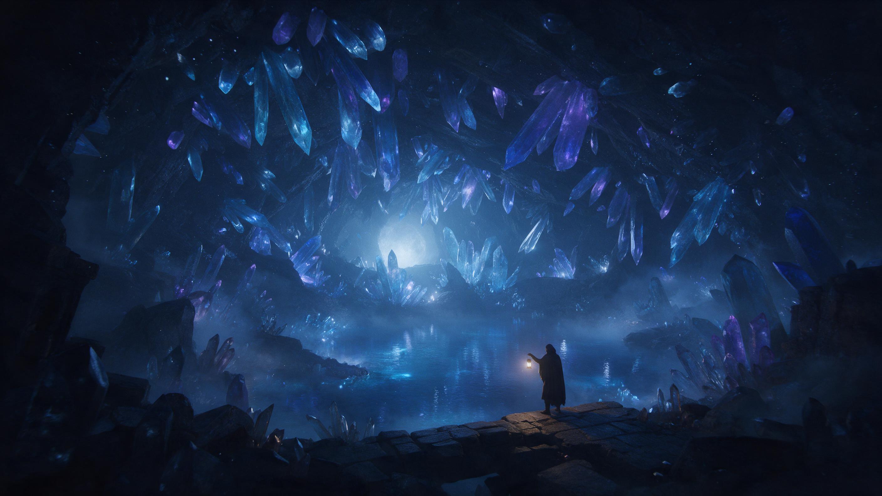 A moonlit crystal cavern, glowing blue and purple crystals jutting from the ceiling, reflecting in an underground lake, a lone cloaked figure with a lantern on a stone ledge, soft mist, ethereal light, dramatic contrast, wide-angle composition