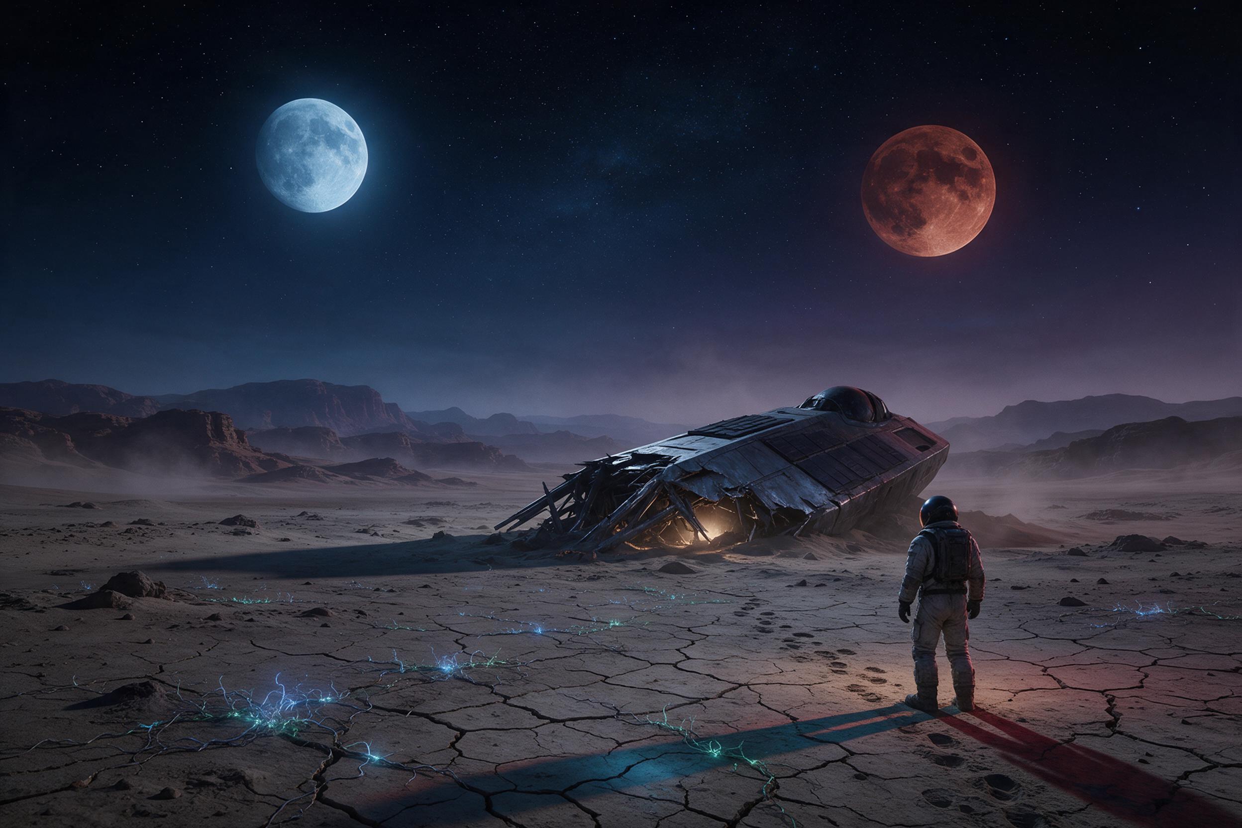 A lone astronaut stands on a vast alien desert under twin moons, one pale blue and one rust red, casting dual shadows. The ground is cracked, with faint bioluminescent vines glowing in the dark. A derelict spacecraft half-buried in sand emits a soft amber light from its broken hull. The sky is a dee