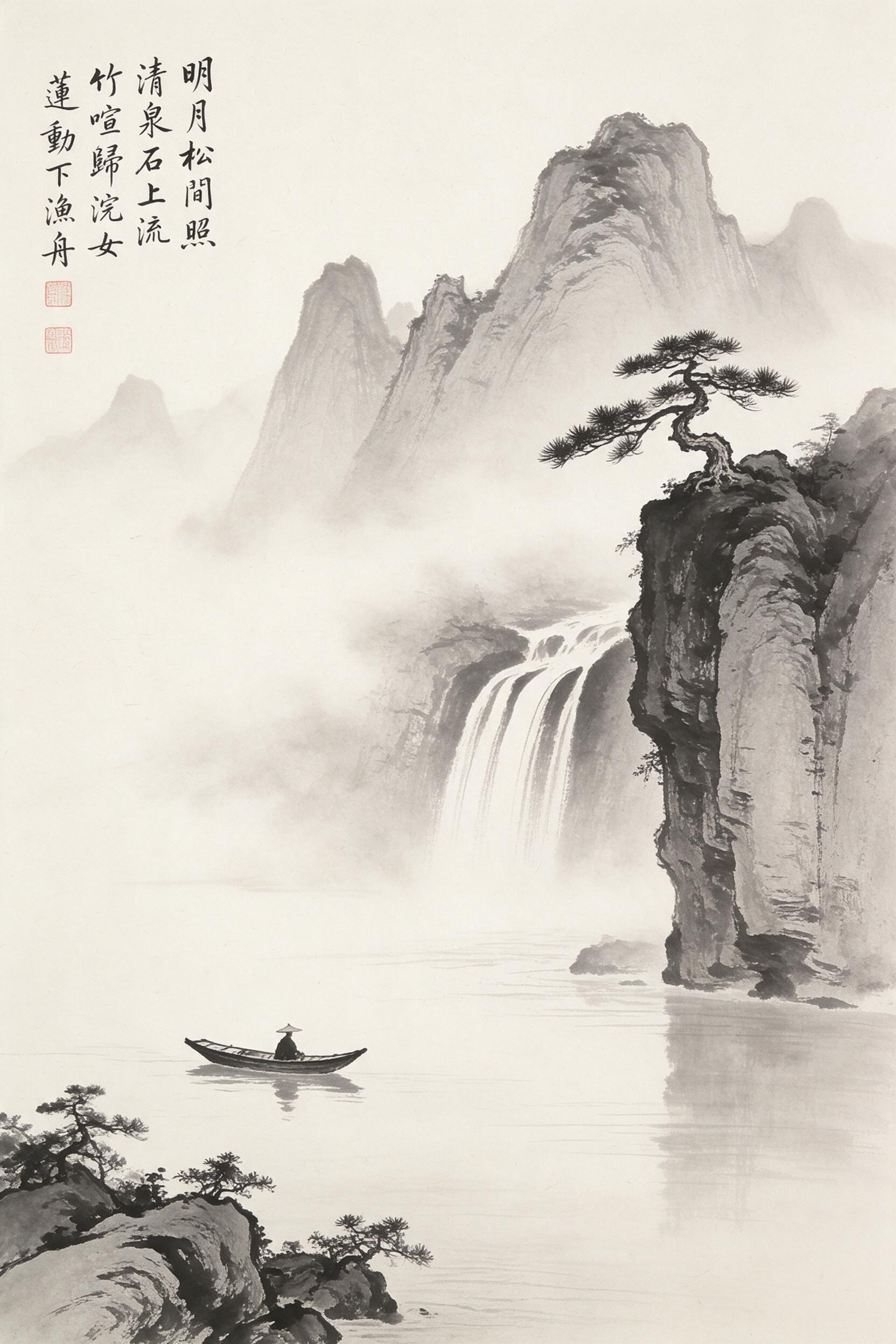 A Chinese ink wash painting of misty mountains and a lone pine tree on a cliff, with a small boat drifting on a calm river below, soft brush textures, subtle grey and black tones, white space for the sky, gentle water ripples, peaceful and minimal, traditional hanging scroll composition
