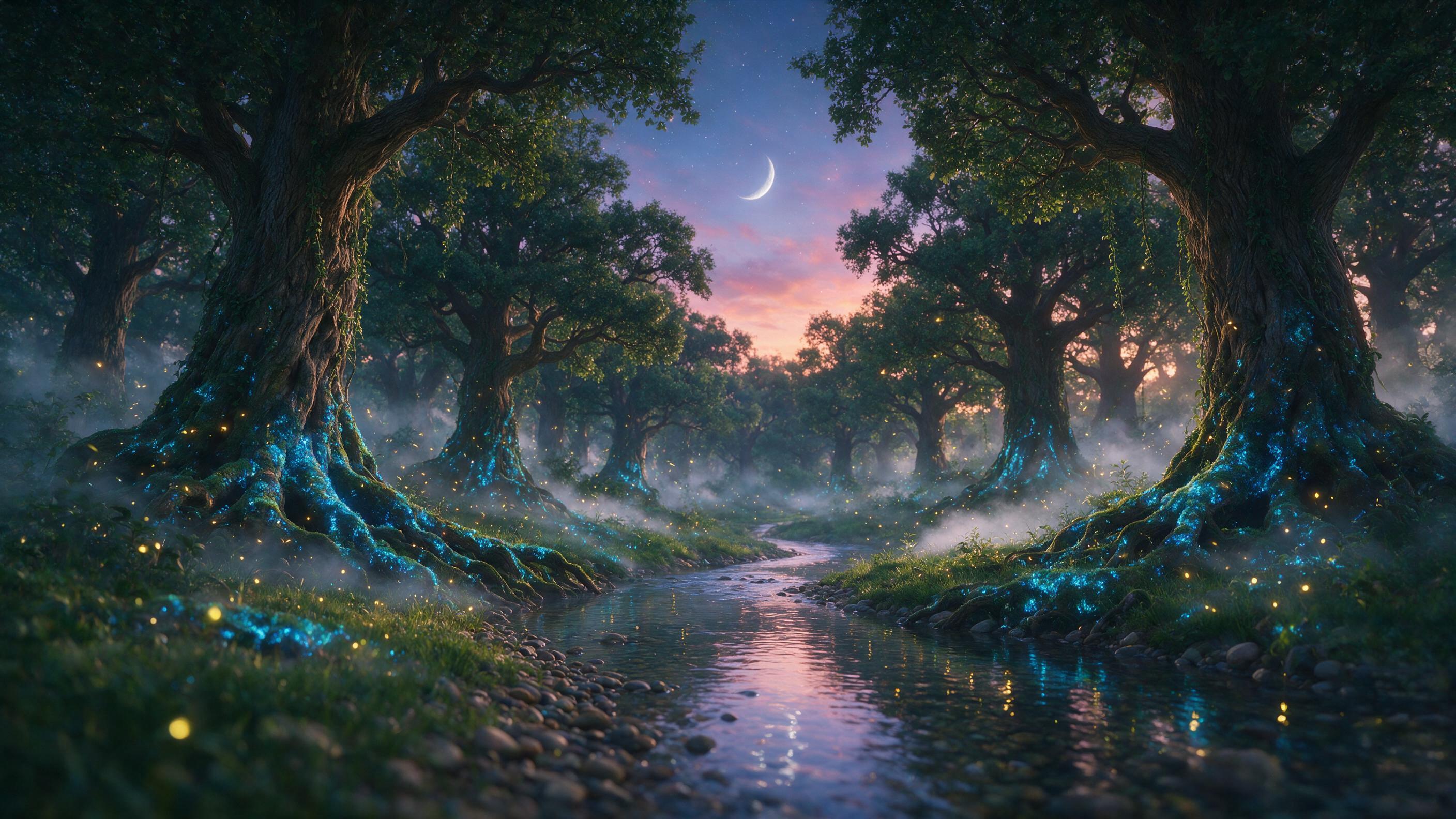 A luminous forest at twilight, where ancient oak trees glow with bioluminescent blue moss, tiny floating fireflies dance in golden light, a winding stream reflects the crescent moon, ethereal fog drifts through the undergrowth, soft natural light filters through the canopy, minimal depth of field, d
