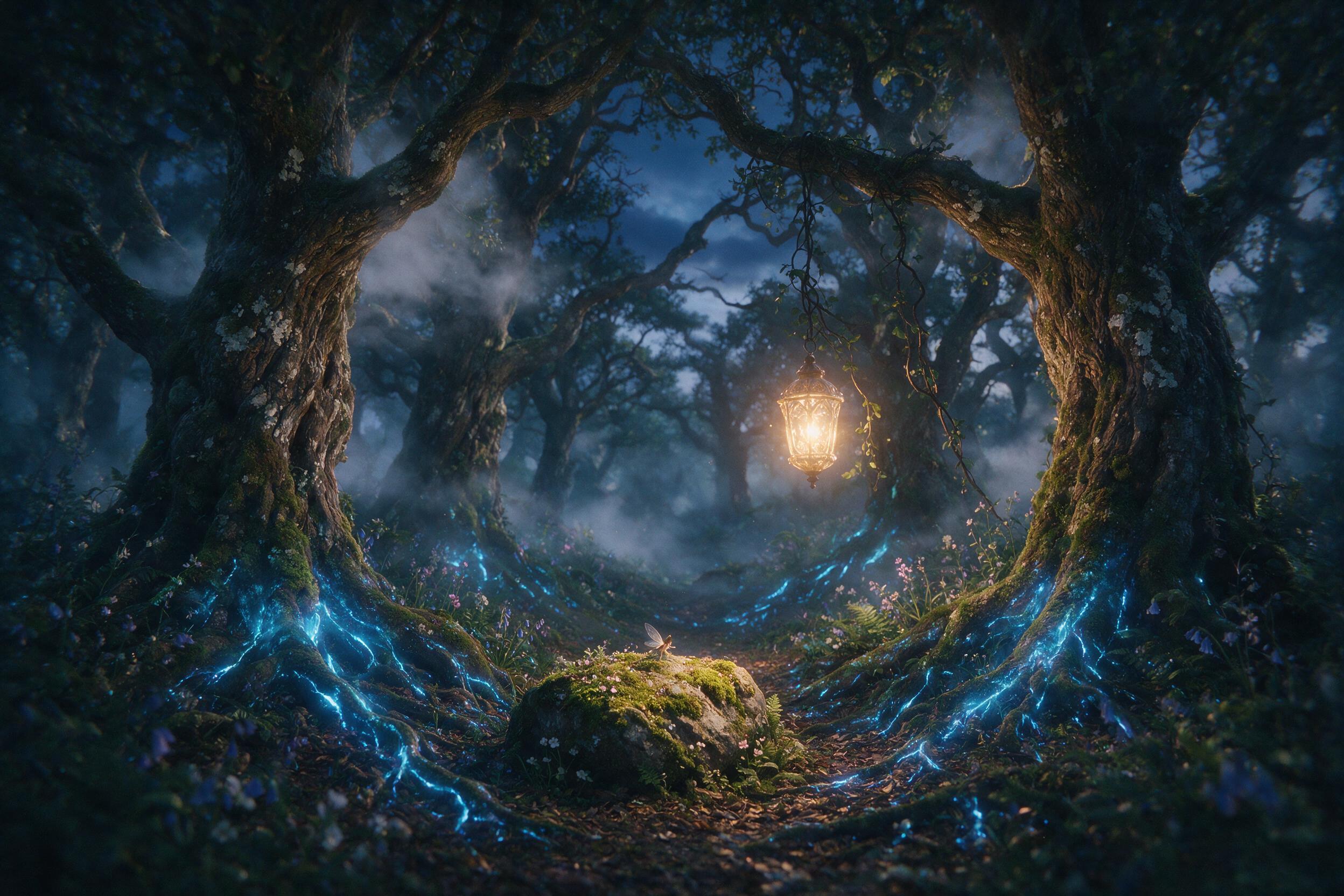 An ethereal forest at twilight, ancient trees with glowing blue luminescent roots, soft mist weaving through gnarled branches, a single tiny fairy with translucent wings resting on a mossy stone, warm golden light from a distant lantern, shallow depth of field, natural film grain, slight vignette.