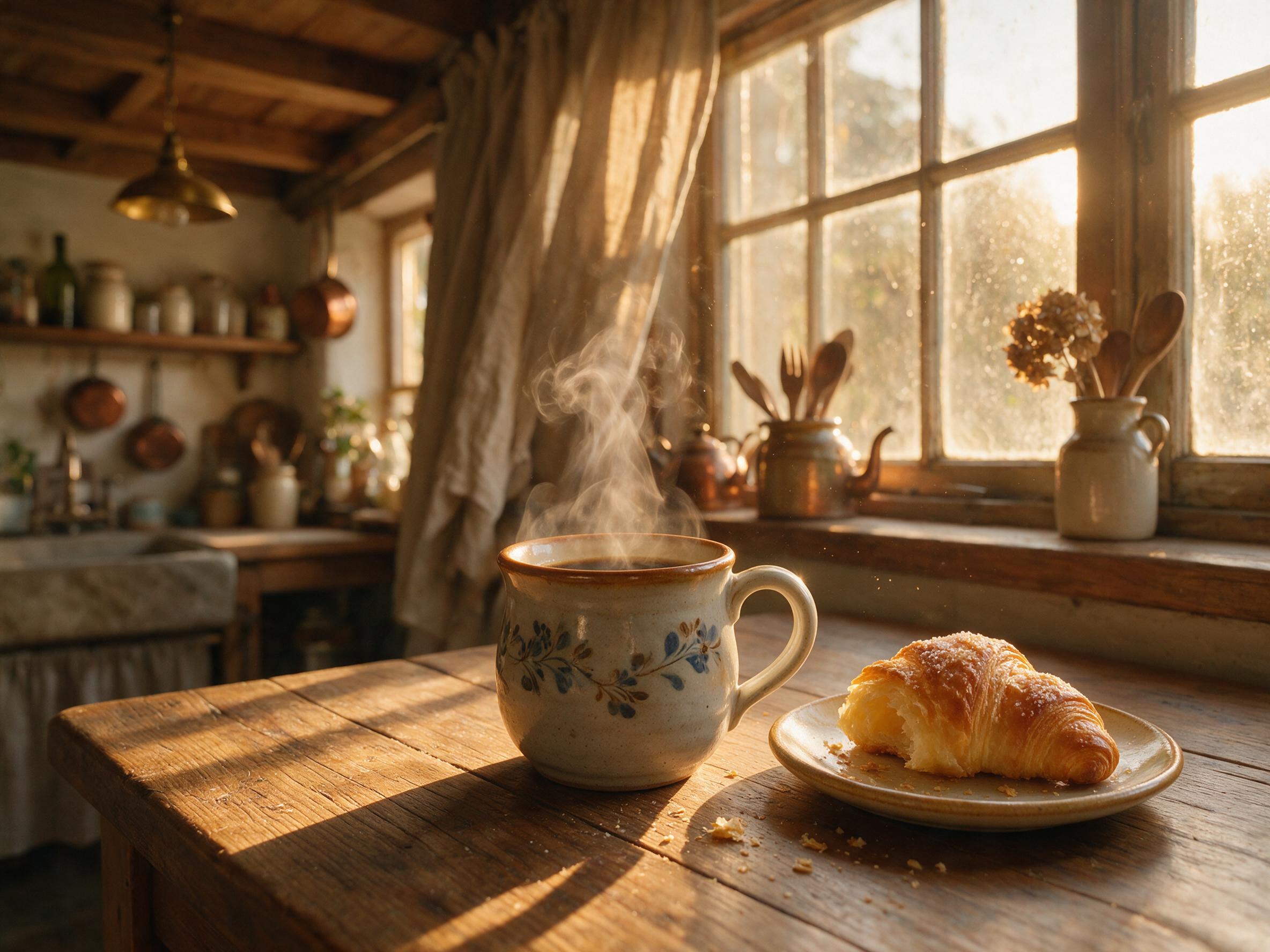Warm sunset light filtering through a dusty window, illuminating a cozy wooden kitchen table with a steaming ceramic mug of coffee and a half-eaten croissant. Soft shadows, natural grain, shallow depth of field, slight camera shake, intimate atmosphere.