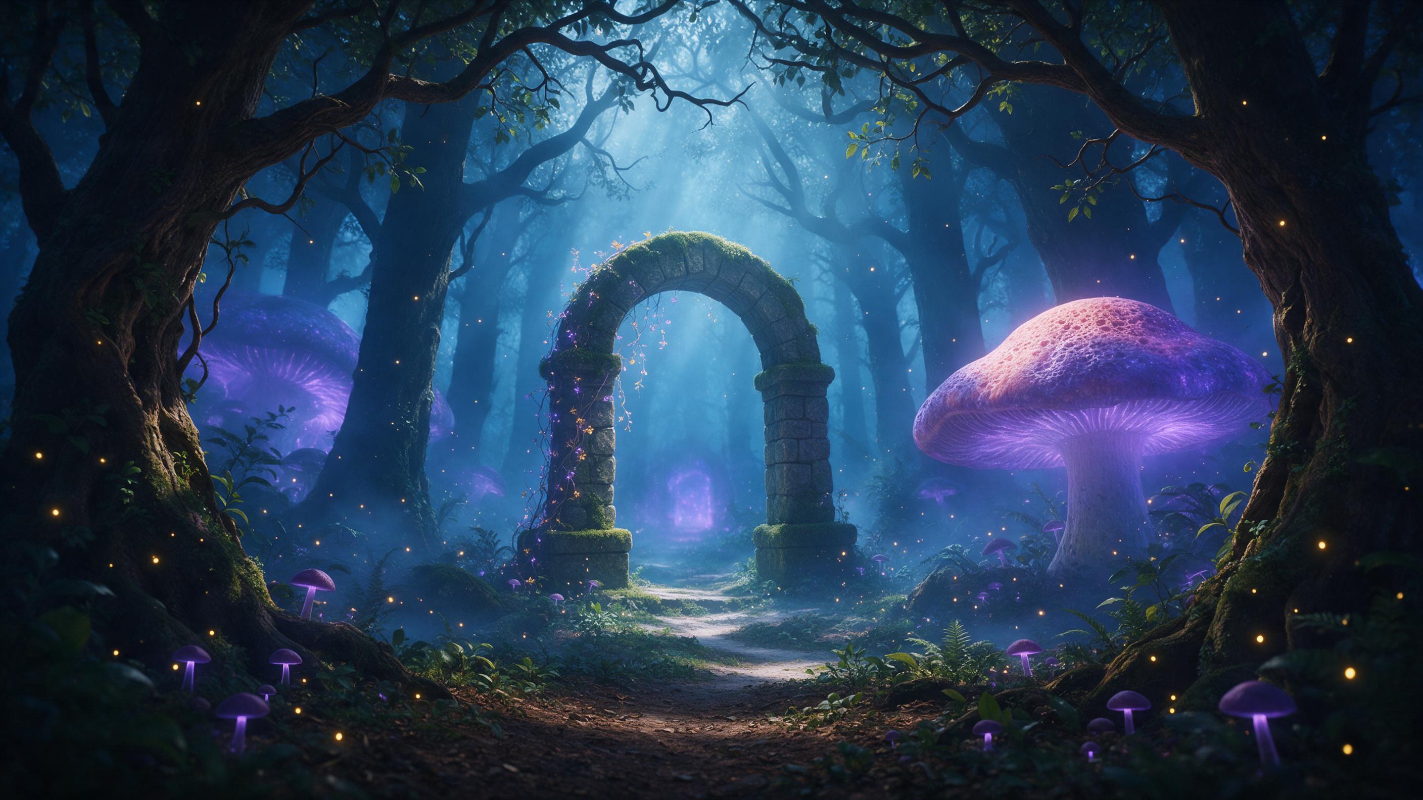 An ancient forest shrouded in sapphire mist, colossal bioluminescent mushrooms casting soft violet glow, a moss-covered stone archway entwined with glowing vines, tiny fireflies drifting like lanterns, ethereal light rays piercing through gnarled branches, cinematic wide shot, rich color depth, gent