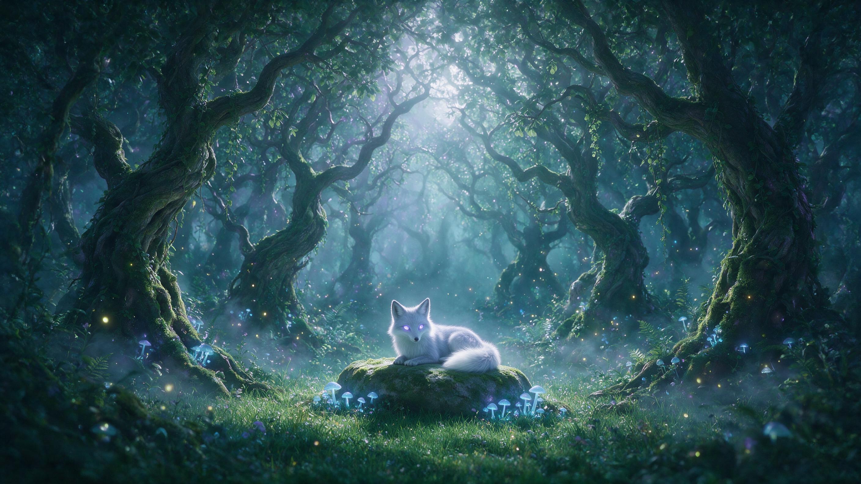 A moonlit enchanted forest clearing, bioluminescent mushrooms casting soft blue glow, a silver fox with glowing eyes sitting on mossy stone, mist weaving between ancient twisted trees, fireflies drifting like tiny lanterns, muted teal and violet palette, gentle volumetric light filtering through can