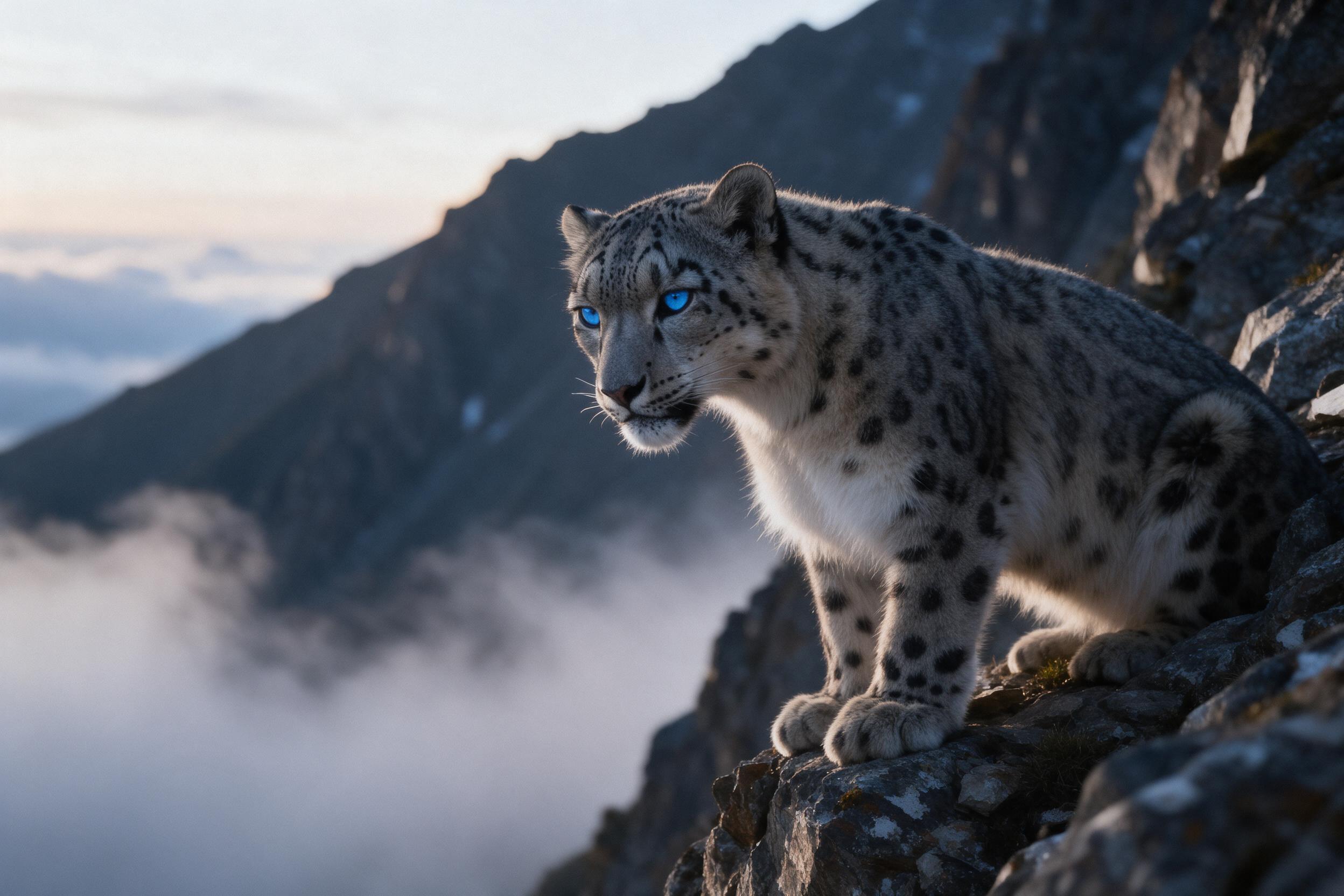 A snow leopard perched on a rocky cliff at dawn, mist swirling below, piercing blue eyes focused ahead, fur texture detailed with soft morning light, subtle grain, natural composition, no anthropomorphism