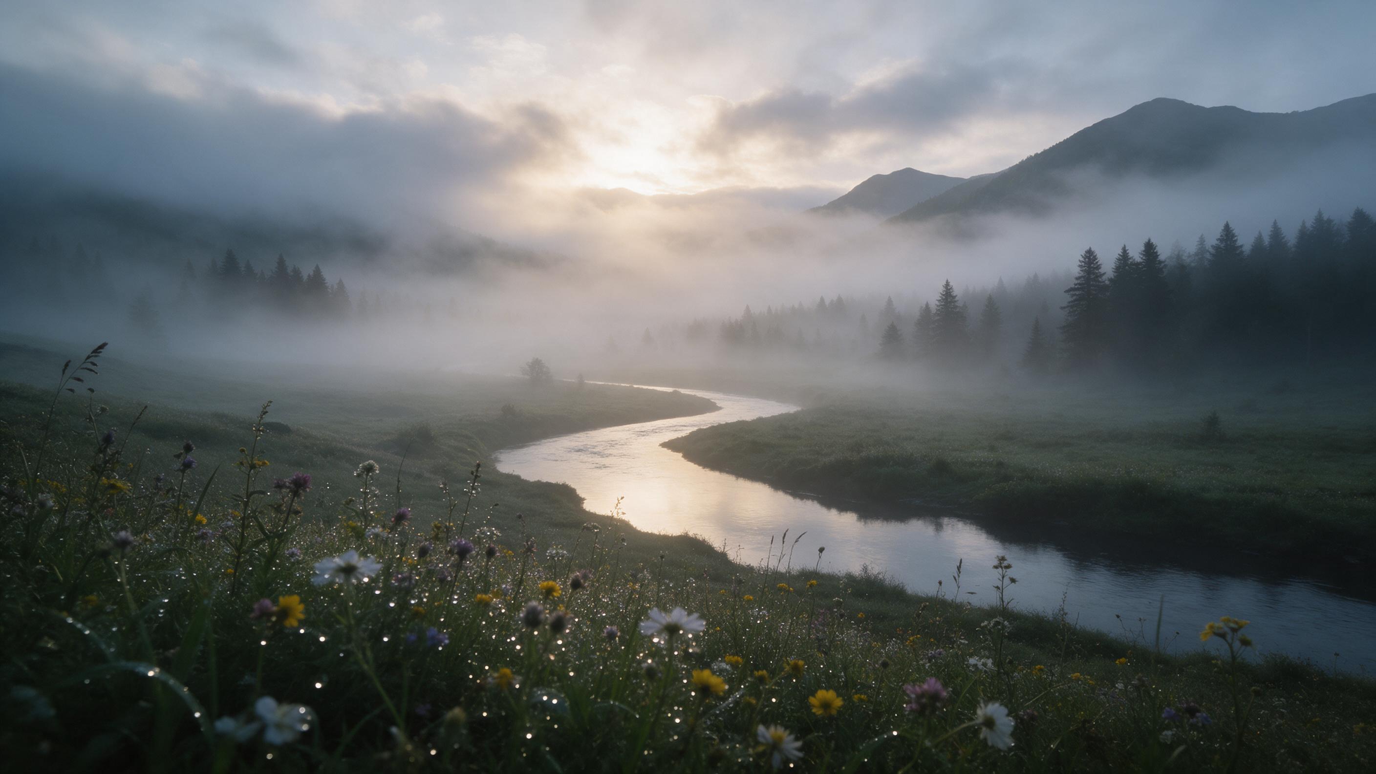 A misty mountain valley at dawn, soft golden light breaking through low clouds, a winding river reflecting the sky, distant pine forests fading into fog, foreground wildflowers with dew drops, natural lighting, slight atmospheric haze, composition with layered depth from foreground to distant peaks