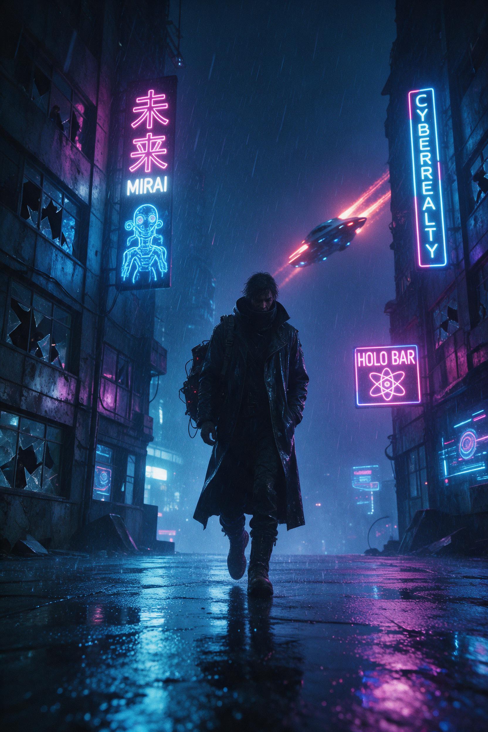 A lone cyberpunk wanderer in a neon-lit alley, holographic rain streaking past shattered windows, electric blue and magenta reflections on wet pavement, a distant flying car leaving light trails, cinematic composition with a low angle tracking shot, subtle film grain and slight motion blur, moody at