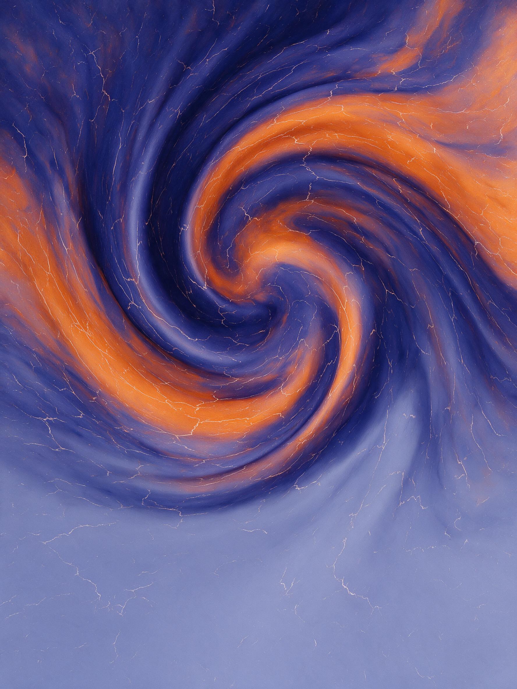 A swirling vortex of deep indigo and burnt orange, fluid shapes dissolving into each other, textured with fine white lines resembling cracks in dried earth, soft diffused light from above creating subtle gradients, minimal composition with negative space at the bottom