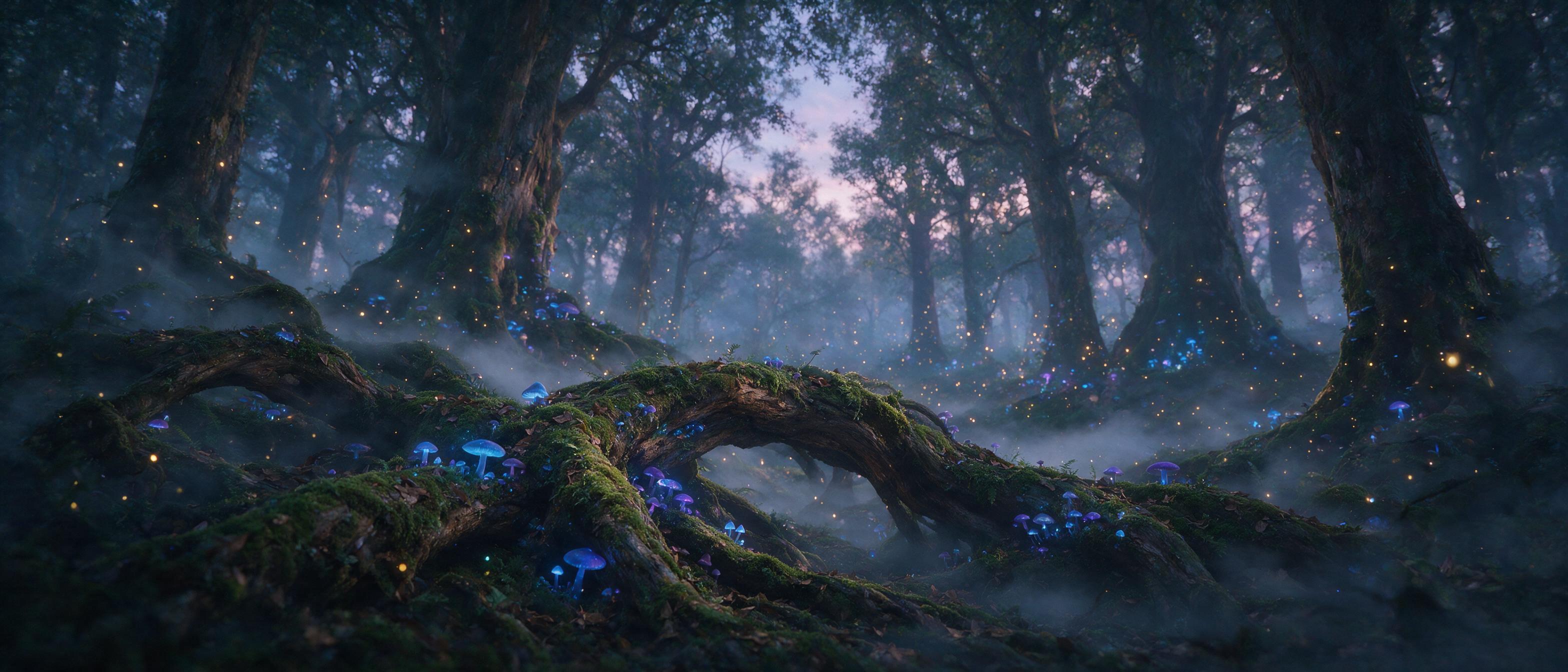 A misty enchanted forest at twilight, bioluminescent mushrooms glowing soft blue and purple, ancient mossy tree roots twisting, ethereal floating light particles, gentle fog, dim forest canopy, cinematic composition, serene magical atmosphere.