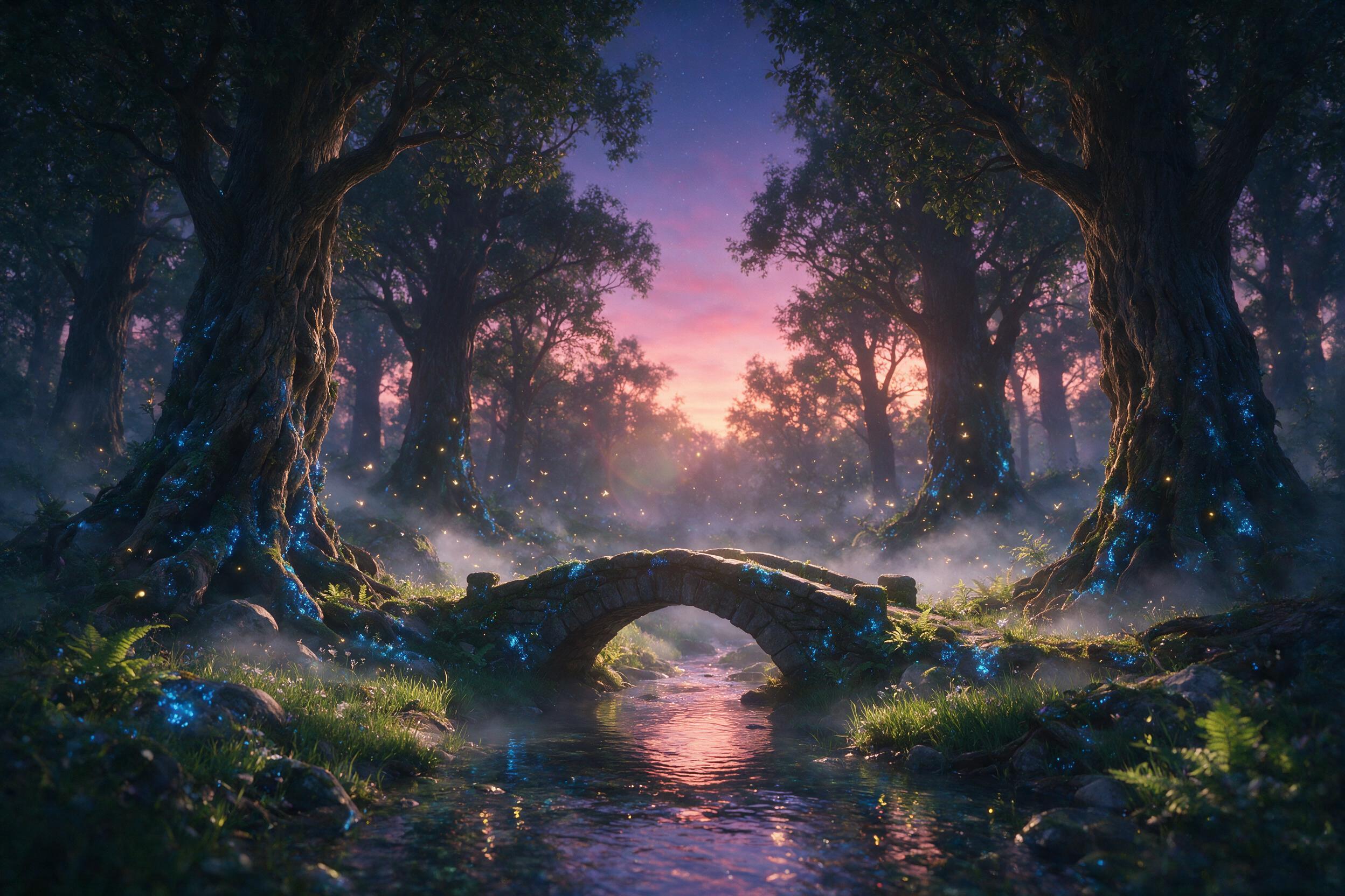 A mystical forest at twilight, ancient trees with glowing blue moss, ethereal fireflies floating in golden light, a small stone bridge over a reflective stream, mist rising from the ground, soft diffused backlighting, dreamy atmosphere, slight lens flare, shallow depth of field