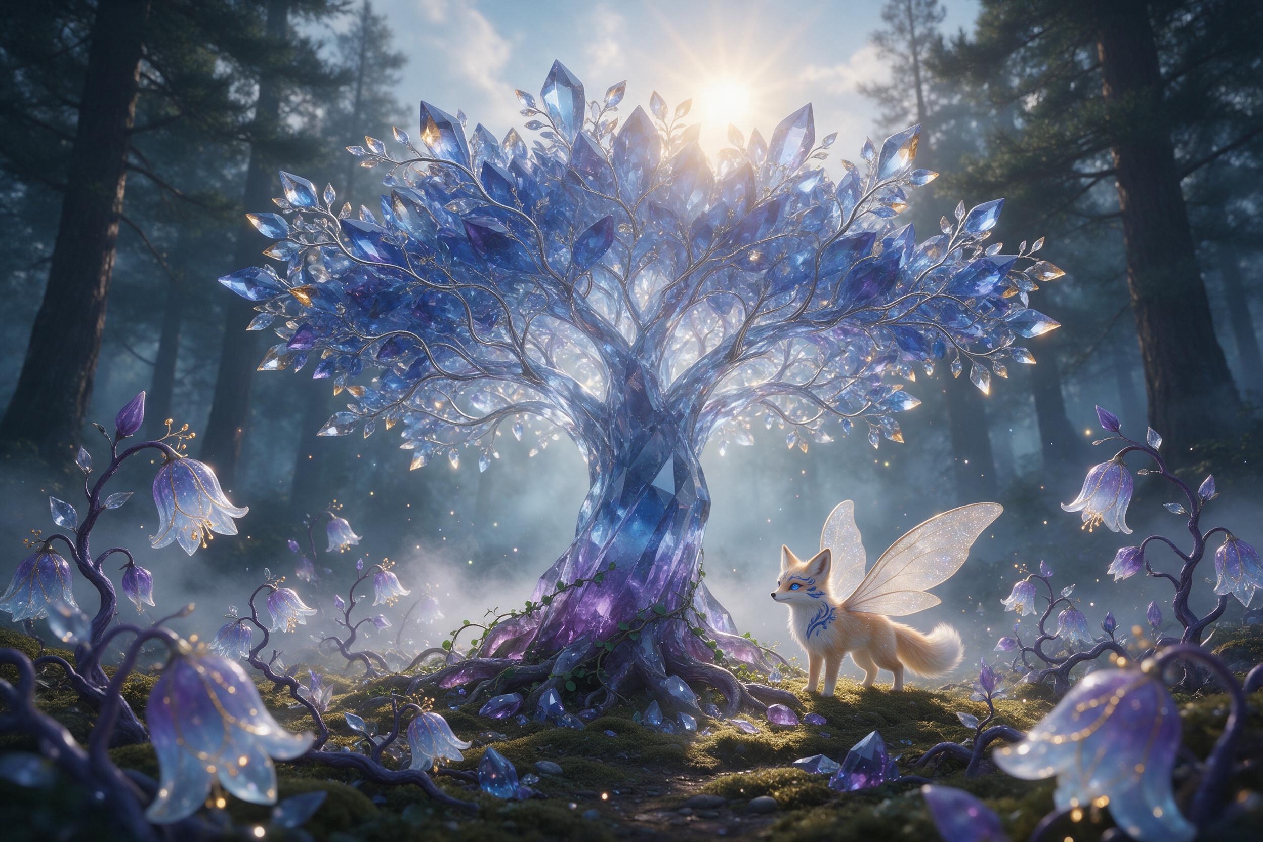 An ancient, glowing crystal tree in an enchanted forest, its branches twisting like silver filigree, leaves of translucent blue and violet light scattered around a misty clearing. Soft, ethereal sunlight filters through the canopy, casting dancing sparkles on the mossy ground. A small, winged fox pe