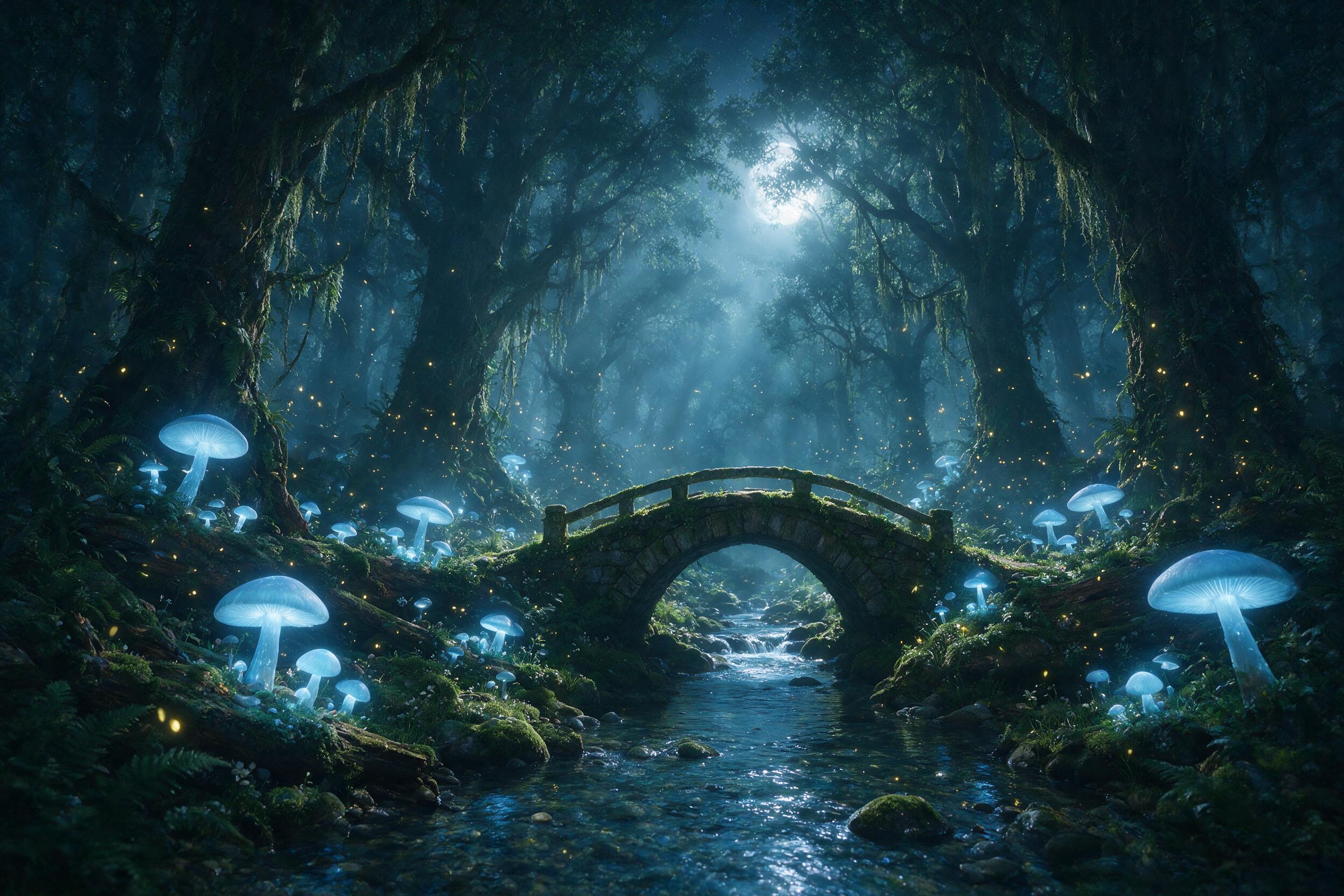 A moonlit ancient forest with giant glowing mushrooms casting soft blue light on mossy ground, fireflies swirling in misty air, a small stone bridge over a crystal stream, volumetric light through towering trees, ethereal atmosphere