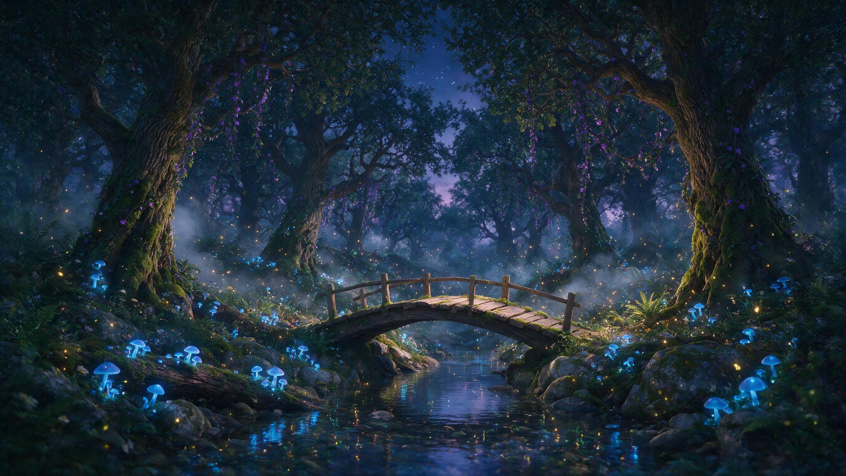 A mystical forest at twilight, bioluminescent blue mushrooms and glowing purple vines hanging from ancient oak trees, soft mist drifting between the trunks, fireflies casting specks of gold light, composition centered on a curved wooden bridge over a small stream, water reflecting the glow, natural 