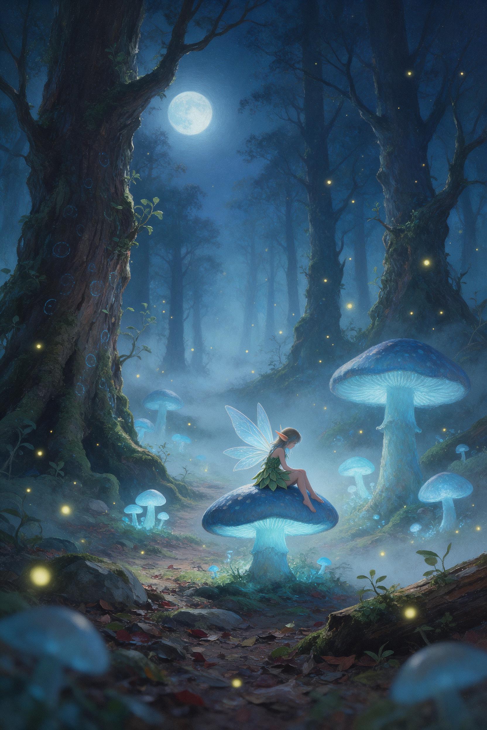 A moonlit enchanted forest, giant glowing mushrooms casting soft blue light, mist weaving between ancient mossy trees, a small fairy with translucent wings sitting on a toadstool, fireflies drifting, ethereal atmosphere, dreamy depth of field, painting style