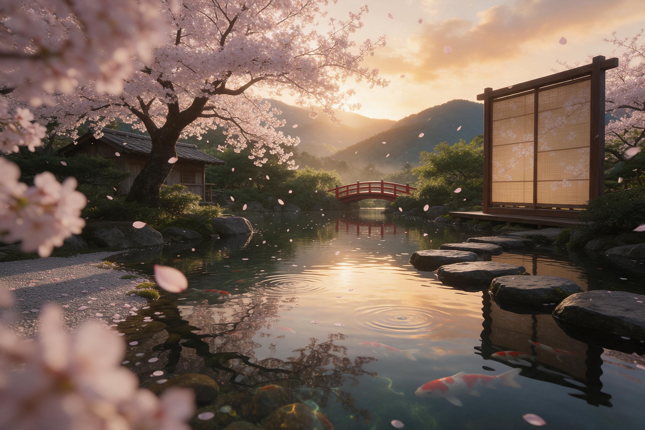 A serene Japanese garden at golden hour, cherry blossoms falling, koi pond reflecting warm light, digital art, 8K