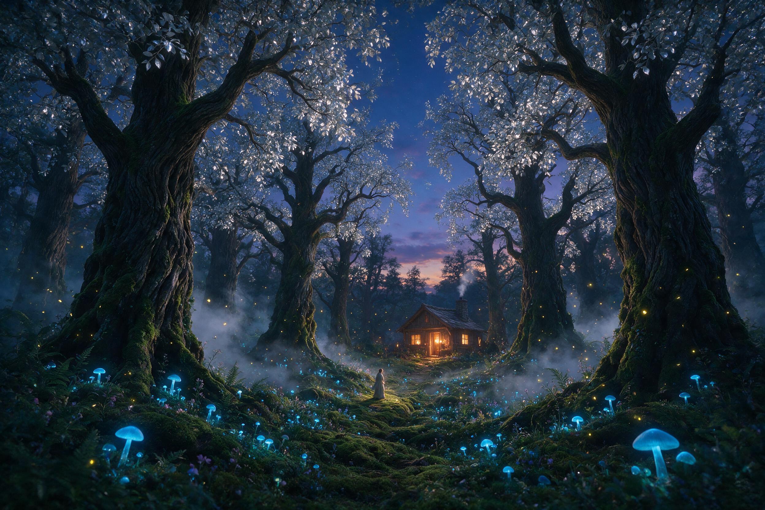 A mystical forest at twilight, glowing blue mushrooms carpet the ground, ancient twisted trees with silver leaves, a solitary figure in a flowing robe stands on a mossy path, soft mist between trunks, golden fireflies float in the air, warm candlelight from a distant cabin, natural lighting, slight 