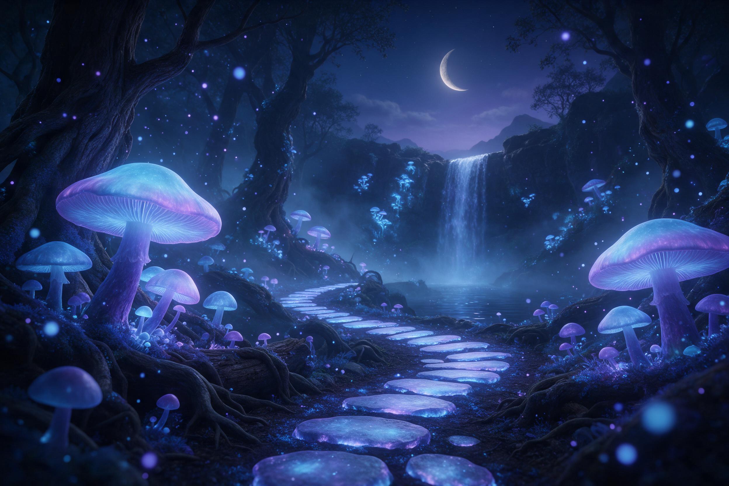A bioluminescent mushroom forest in a misty valley under a crescent moon. Glowing blue and purple spores drift through the air, illuminating ancient tree roots carpeted with luminescent moss. A winding path of glowing stepping stones leads to a distant, shimmering waterfall that cascades into a pool