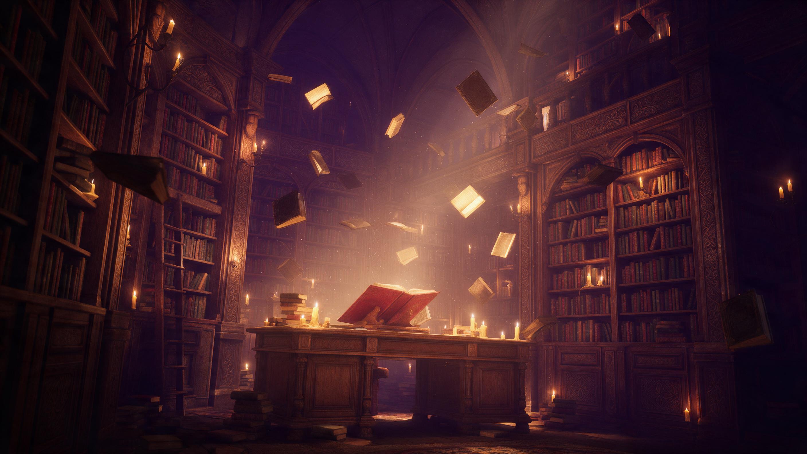 Ancient library room with floating glowing books and dust motes in golden light, a giant oak desk with an open red tome, intricate carved bookshelves reaching a vaulted ceiling, candles flickering, deep purple shadows in corners, grand, mysterious, cinematic composition