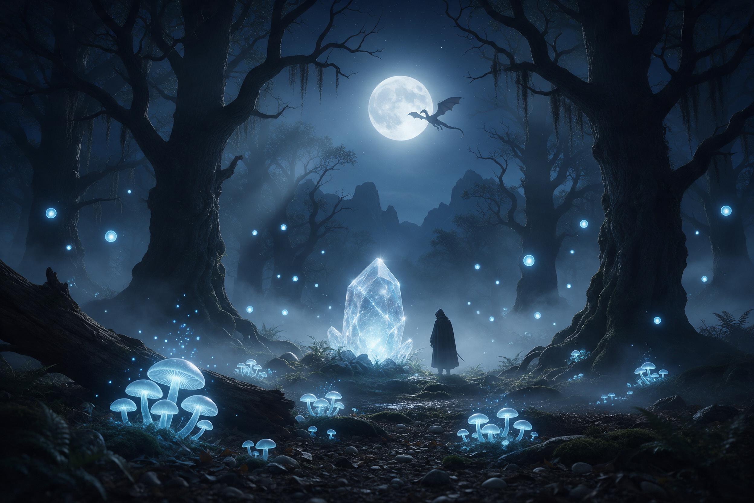 A moonlit ancient forest clearing, where bioluminescent mushrooms and floating blue orbs cast a soft glow, a lone hooded traveler stands beside a massive glowing crystal, mist weaving between towering oaks, silhouette of a dragon circling the moon, dreamy atmosphere, ethereal light