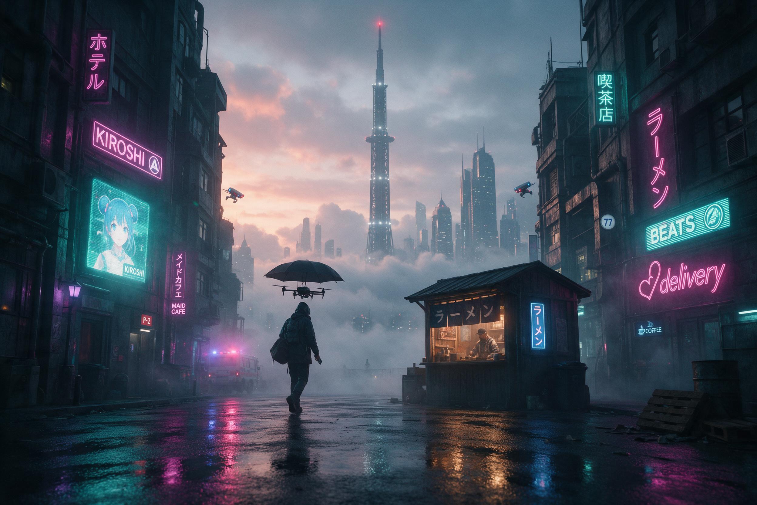A derelict cyberpunk alley at dawn, holographic neon signs flicker in teal and magenta, rain-slicked asphalt reflecting a giant space elevator rising through low clouds, a lone courier with an umbrella drone walks toward a glowing ramen stand, soft volumetric fog, slight lens flare, cinematic wide s