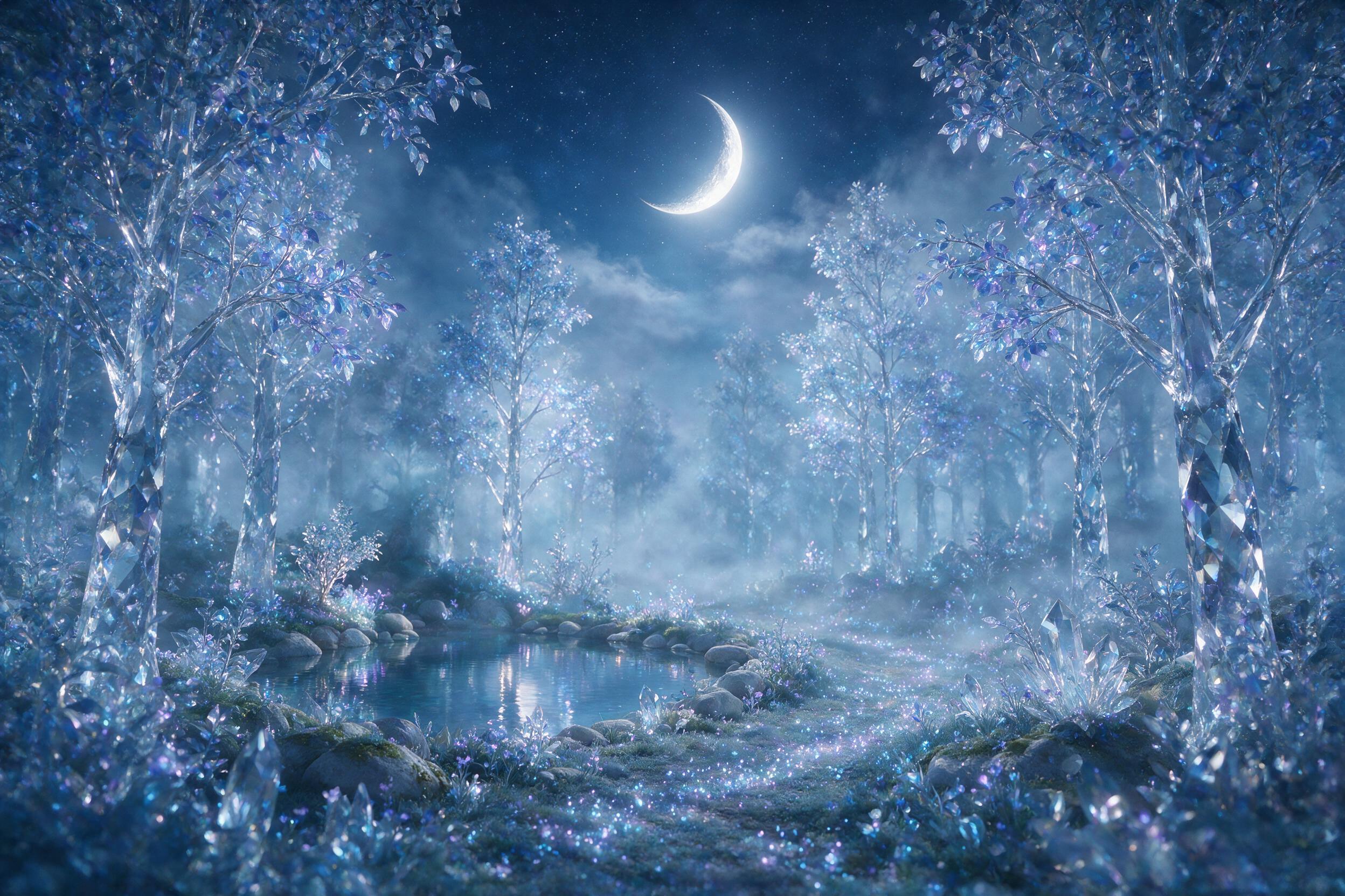 Moonlit crystalline forest, bioluminescent blue and violet trees glowing softly, ethereal mist drifting between trunks, a faint path of glowing spores winding into the distance, cool silver light from a crescent moon above, gentle reflections on a small pond, dreamy atmospheric depth, no harsh shado
