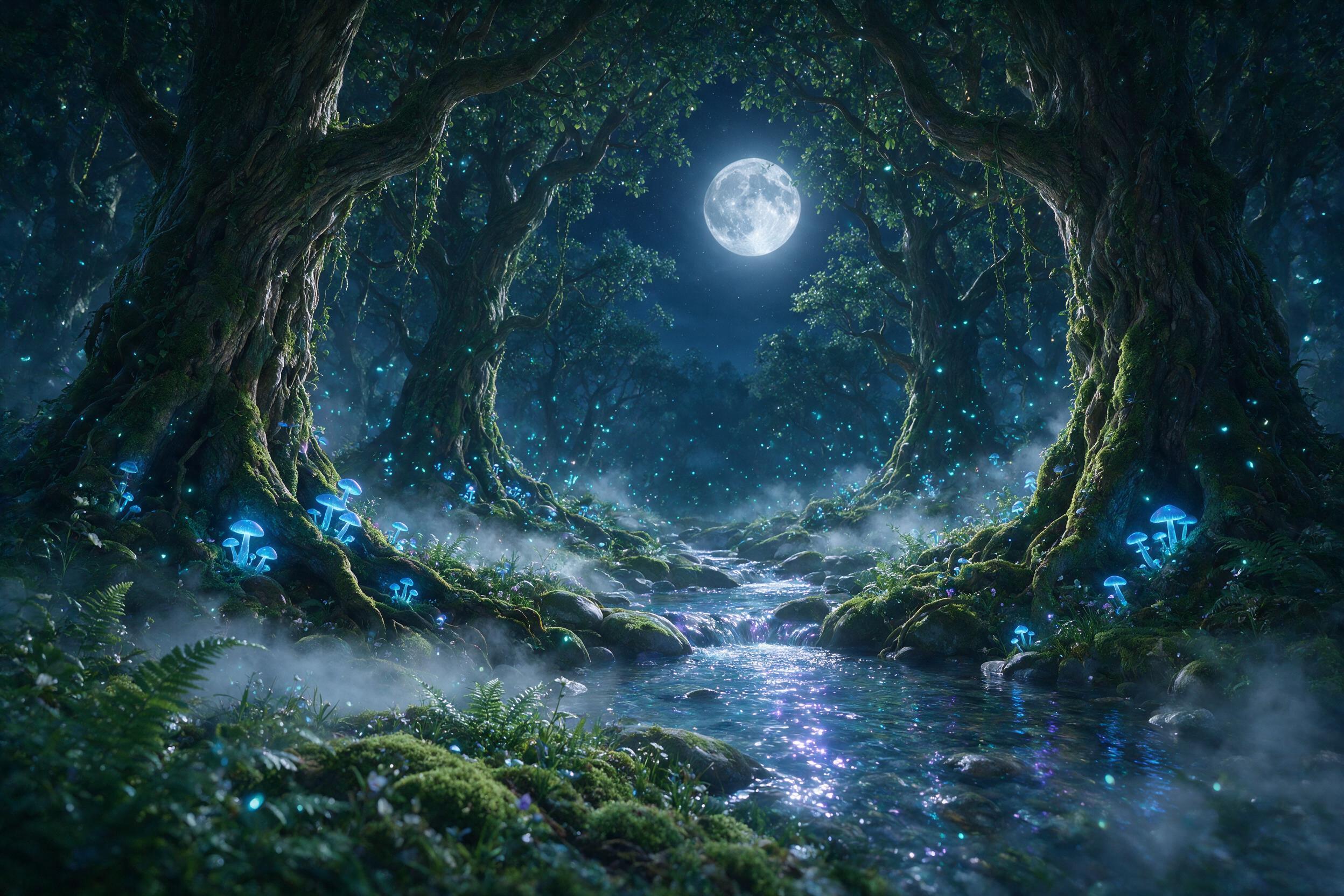 A moonlit enchanted forest clearing, ancient gnarled trees with glowing blue mushrooms at their roots, a shimmering silver stream winding through the center, soft mist curling between ferns, fireflies drifting like sparks, cool cyan and deep violet palette, ethereal atmosphere, view from low angle a