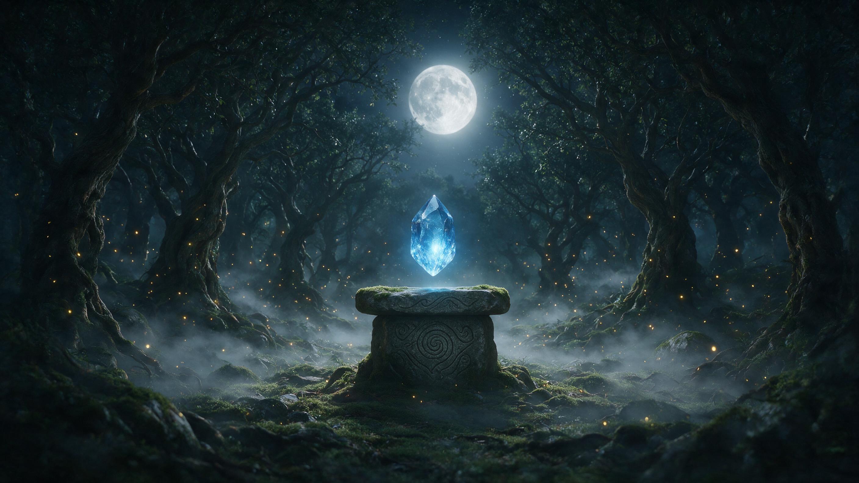 A misty moonlit forest clearing with a glowing blue crystal floating above a mossy stone altar, fireflies drifting between ancient twisted trees, soft fog wrapping around roots, deep shadows, ethereal atmosphere
