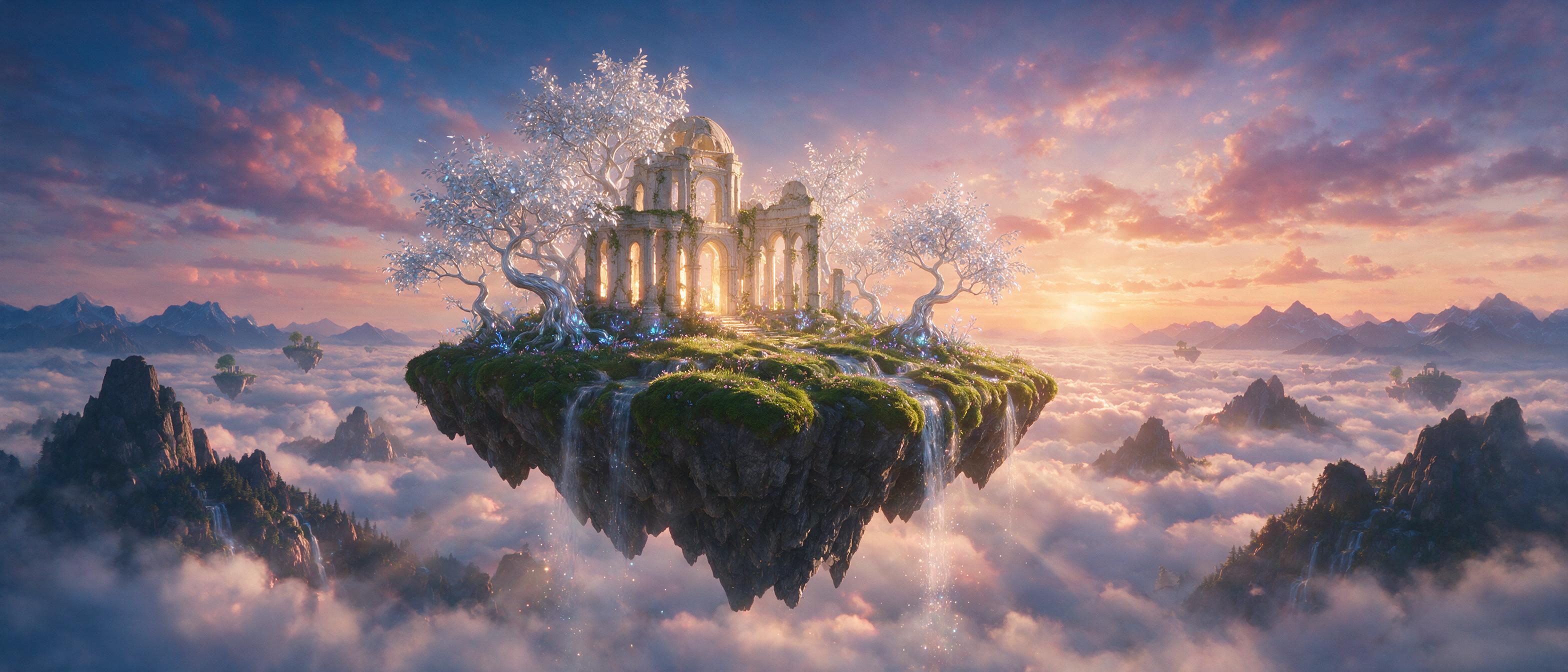 A luminous floating island at dusk, suspended above a misty sea of clouds, with ancient glowing ruins and twisted silver trees, soft golden light rays breaking through scattered clouds, cinematic composition, subtle lens flare, ethereal atmosphere