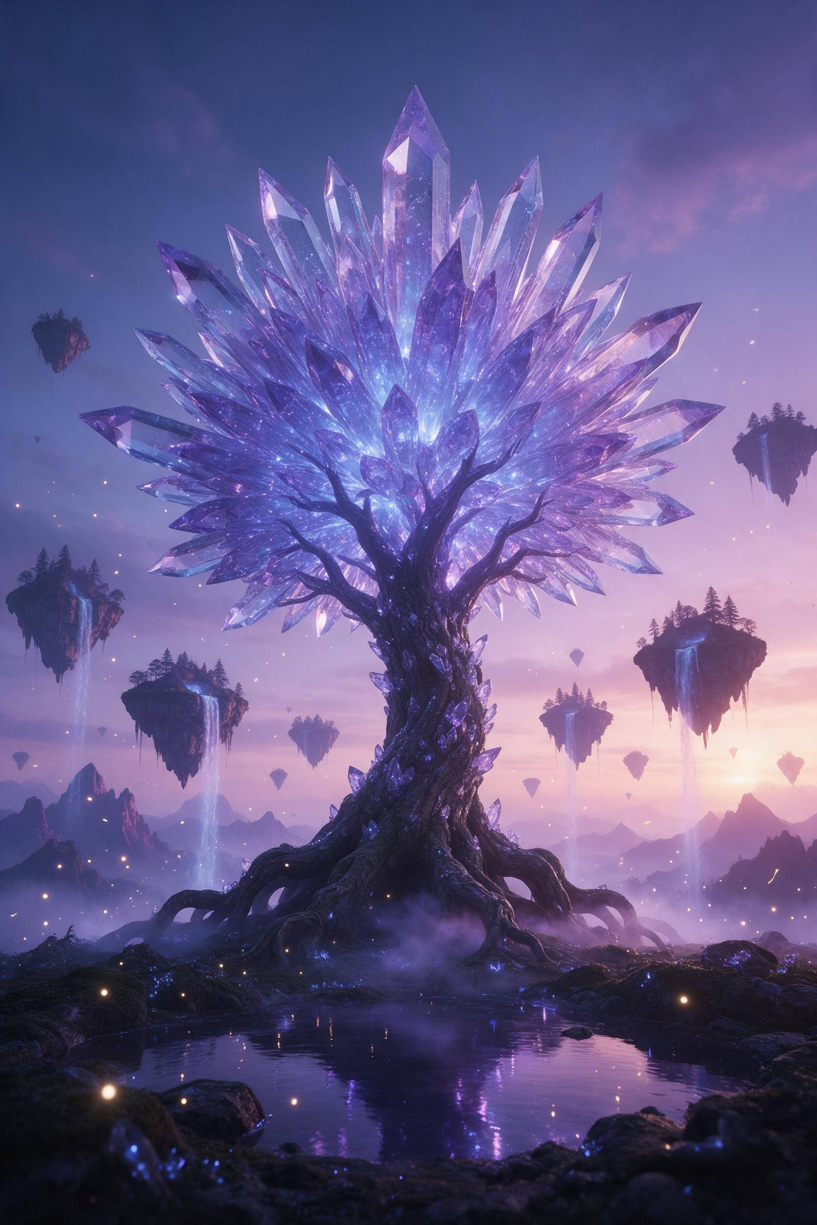 A glowing crystal tree at twilight, floating islands with waterfalls, soft purple mist swirling around gnarled roots, ethereal blue and violet light, fireflies dancing in the air, distant mountains silhouetted, serene magical atmosphere, gentle cinematic lighting, composition centered on the tree, s