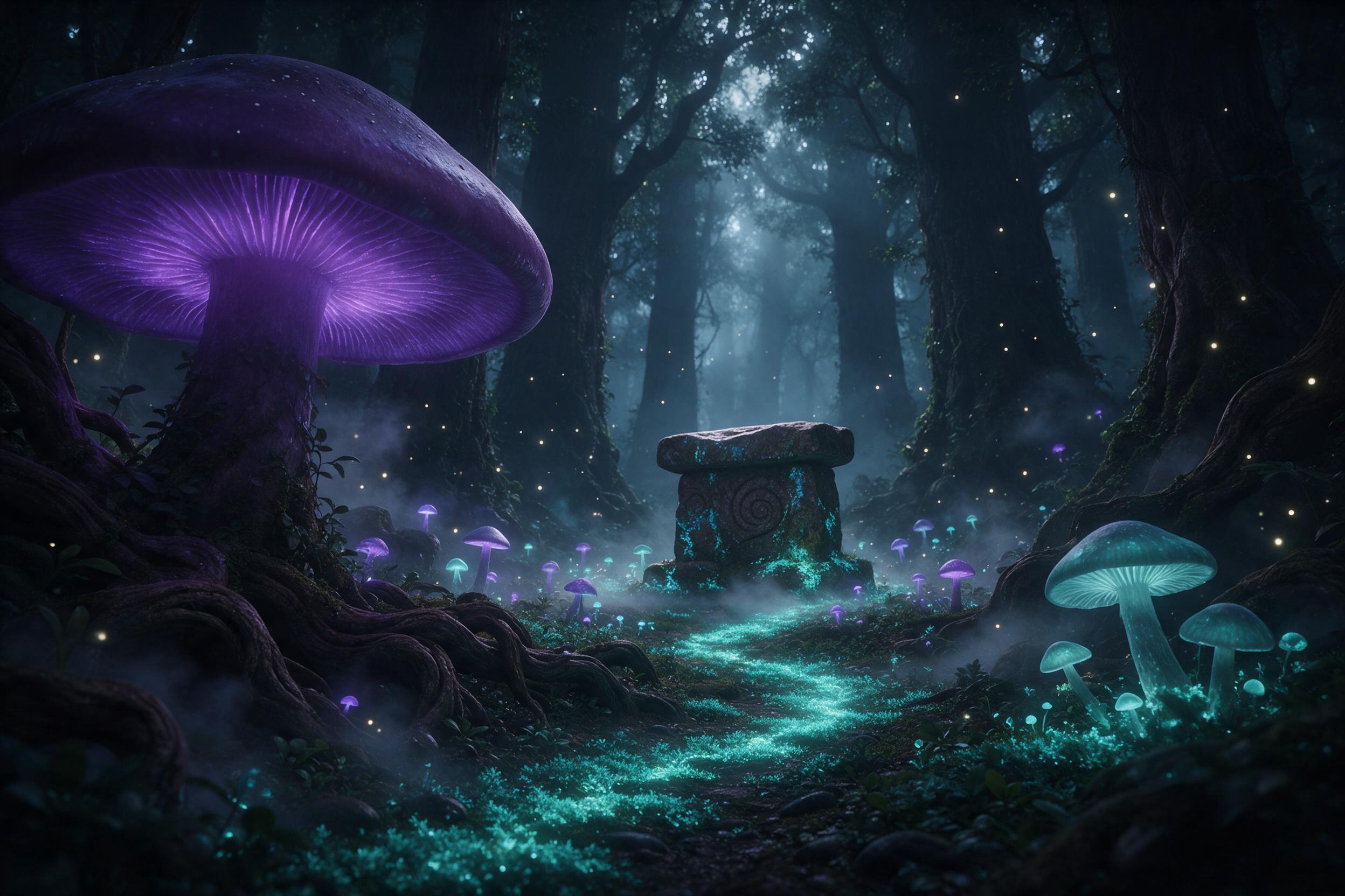 An ancient forest clearing at twilight, colossal bioluminescent mushrooms with violet and teal glow, a winding path of glowing moss leading to a weathered stone altar, mist curling between giant twisted roots, fireflies drifting, soft volumetric light rays piercing the canopy, cinematic composition 