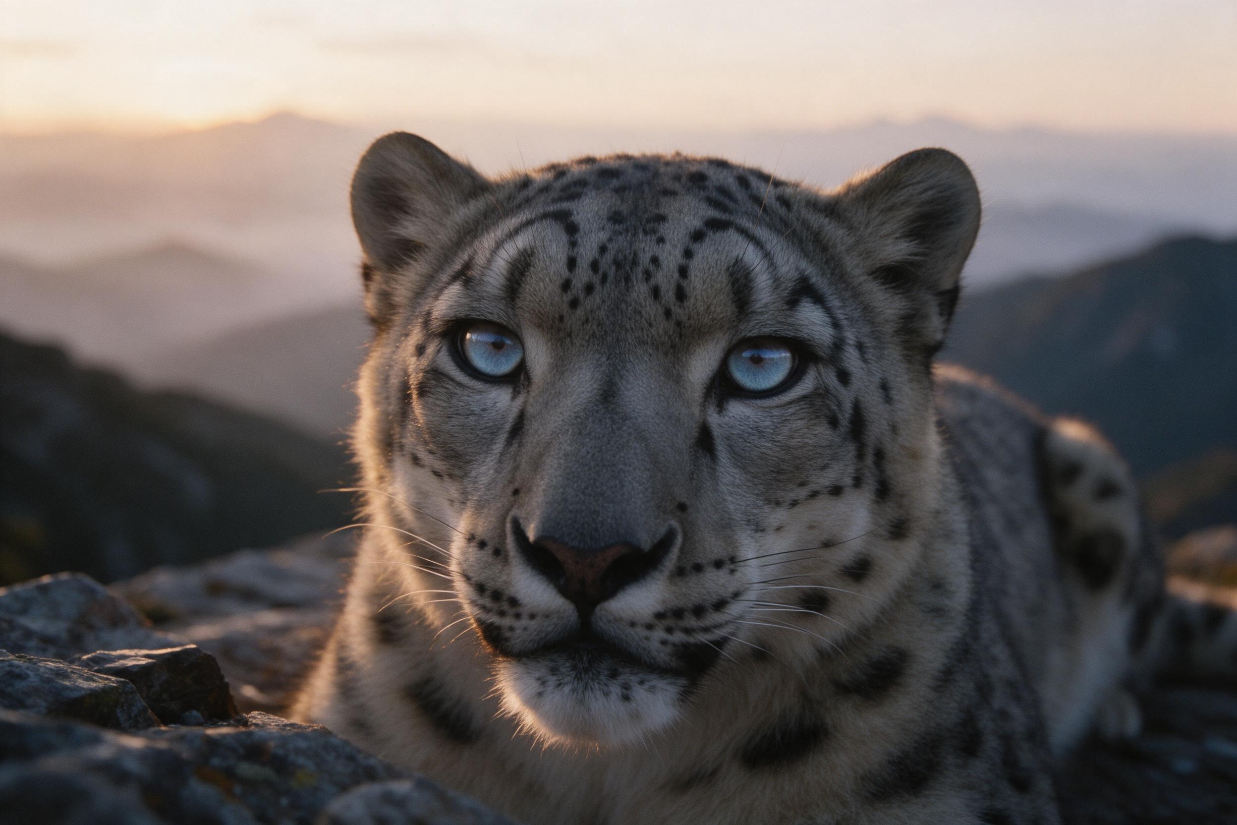 A close-up portrait of a snow leopard resting on a rocky ledge at dusk, its pale blue eyes reflecting the last light, fur texture with individual hairs visible, soft golden hour glow, background mountains fading into mist, slight telephoto compression, natural grain