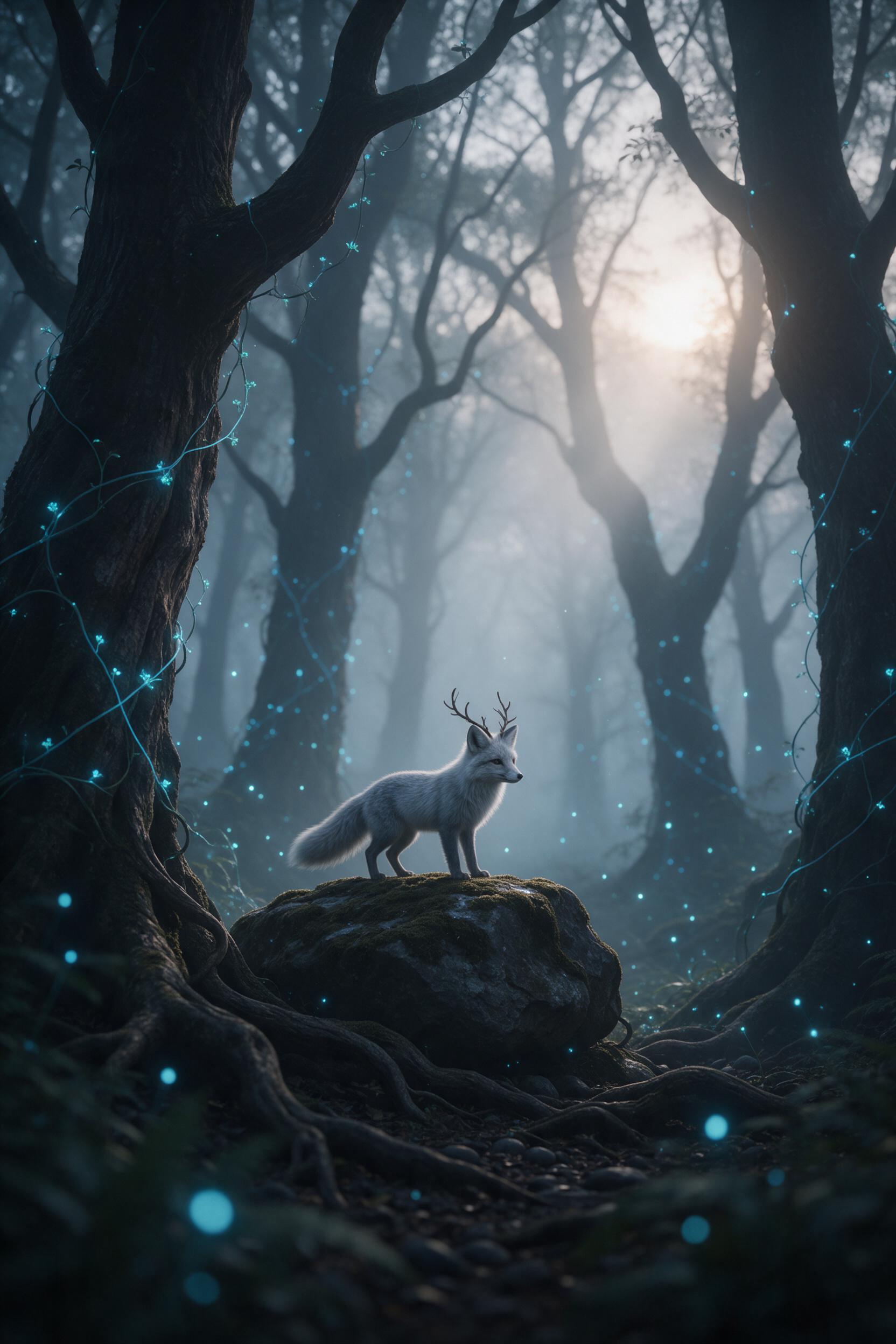 A misty ancient forest at dawn, gnarled trees entwined with glowing blue vines, a small fox with silver fur and antlers stands on a mossy rock, soft god rays piercing through fog, fireflies drifting, muted earth tones with cyan accents, shallow depth of field, gentle atmosphere