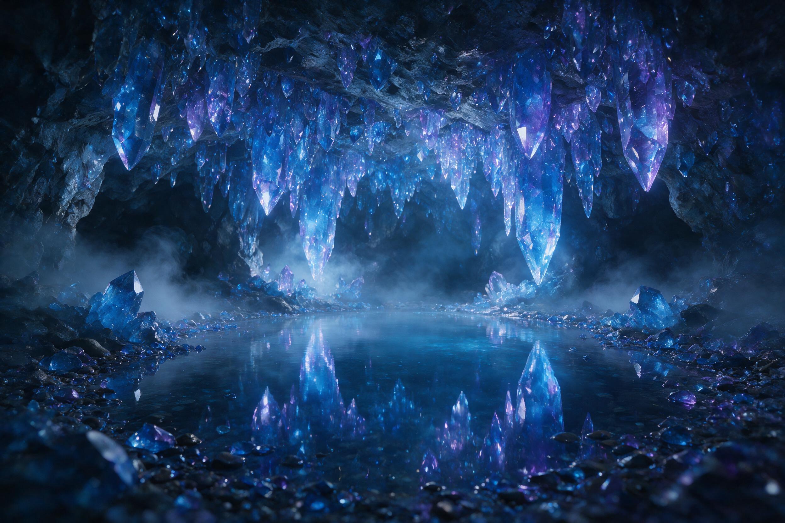 A luminous crystal cave deep underground, glowing blue and purple stalactites hanging from a rough ceiling, a calm pool of water reflecting the light, mist swirling, soft ambient glow, ethereal and serene, composition centered on the pool, depth of field with blurred edges.