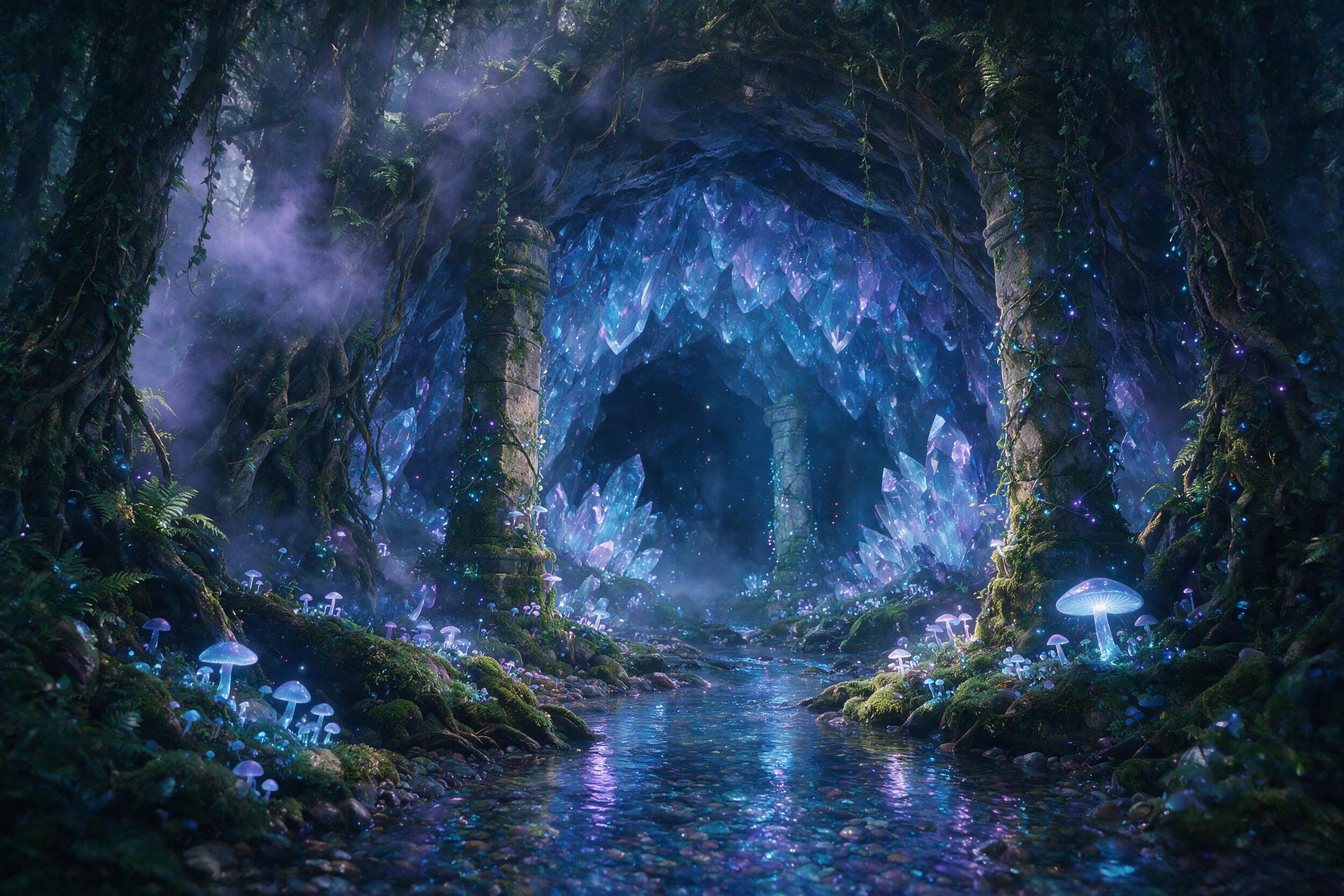 A glowing crystal cave deep within a misty forest, bioluminescent mushrooms and vines casting soft blue and purple light, ancient stone pillars covered in moss, a small stream reflecting the ethereal glow, magical atmosphere with floating dust motes, slight haze, 35mm lens, natural lighting from cry