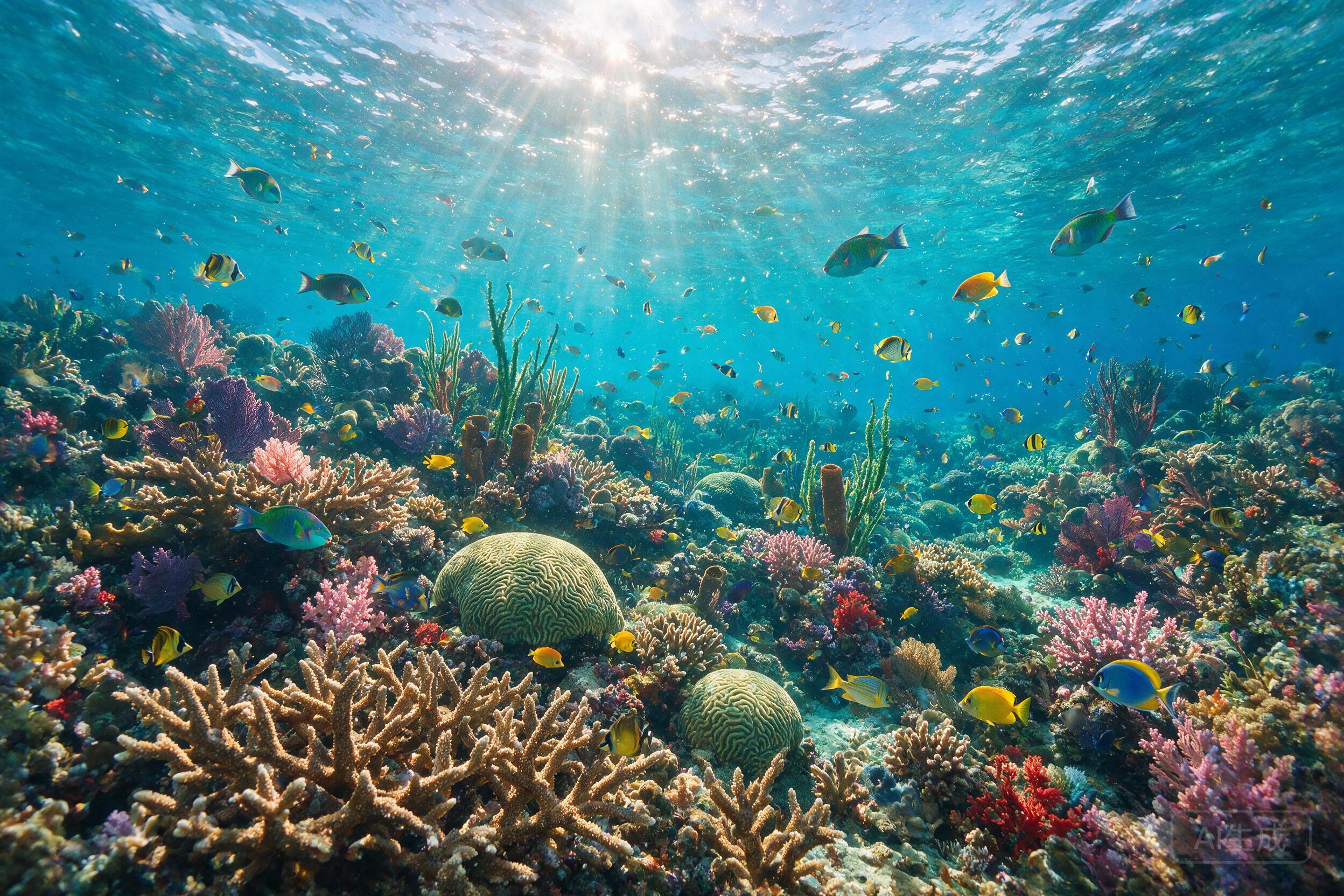 Underwater coral reef teeming with colorful fish, sunbeams penetrating through crystal clear water, vibrant marine ecosystem