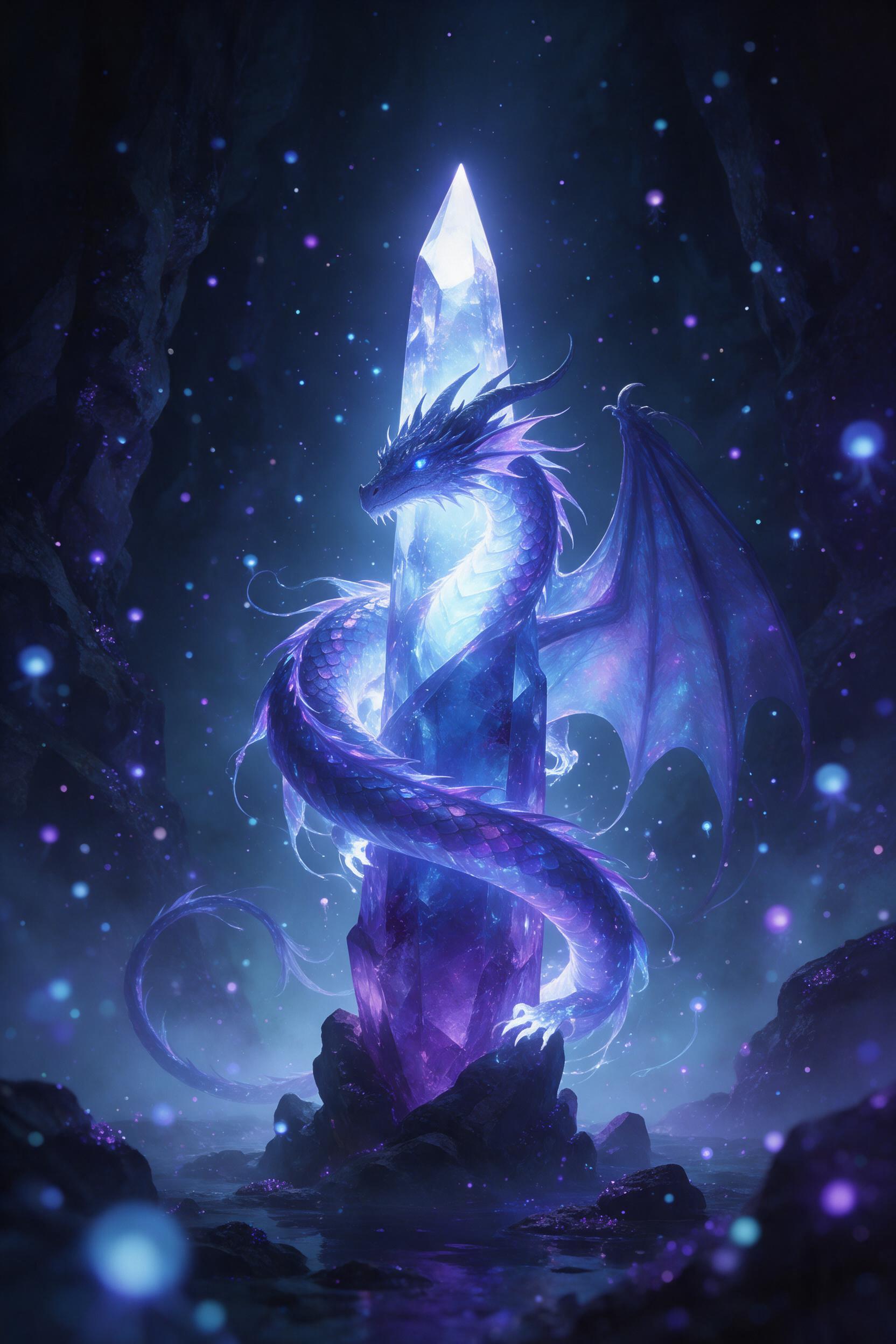 A bioluminescent dragon curled around a crystal spire, its scales glowing with soft blue and violet light, in a cavern filled with floating glowing spores, misty atmosphere, luminous highlights, deep shadows, fantasy style, mystical and ethereal
