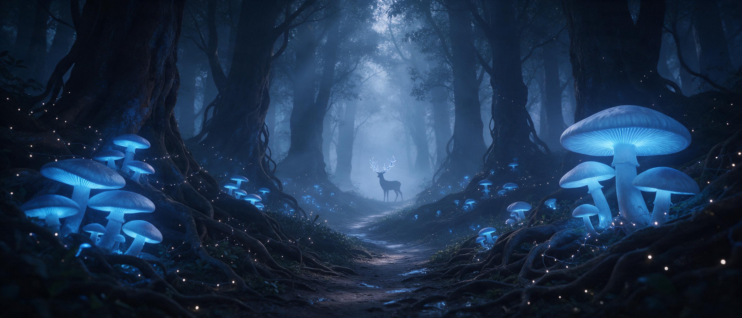 An ancient forest where massive, glowing blue mushrooms illuminate a winding path, fairy lights flicker between gnarled roots, a misty fog rolls through, a silhouette of a deer with antlers made of crystal stands in the distance, soft volumetric light, ethereal, cinematic wide shot.