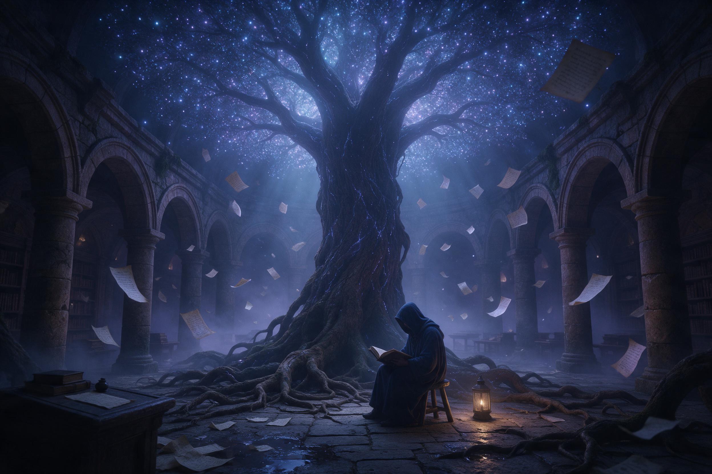 An ancient library beneath a colossal bioluminescent tree, roots weaving through stone arches, floating glowing manuscripts, soft blue and violet light filtering through canopy, a lone hooded figure reading by a small lantern, misty air, cinematic composition, muted colors