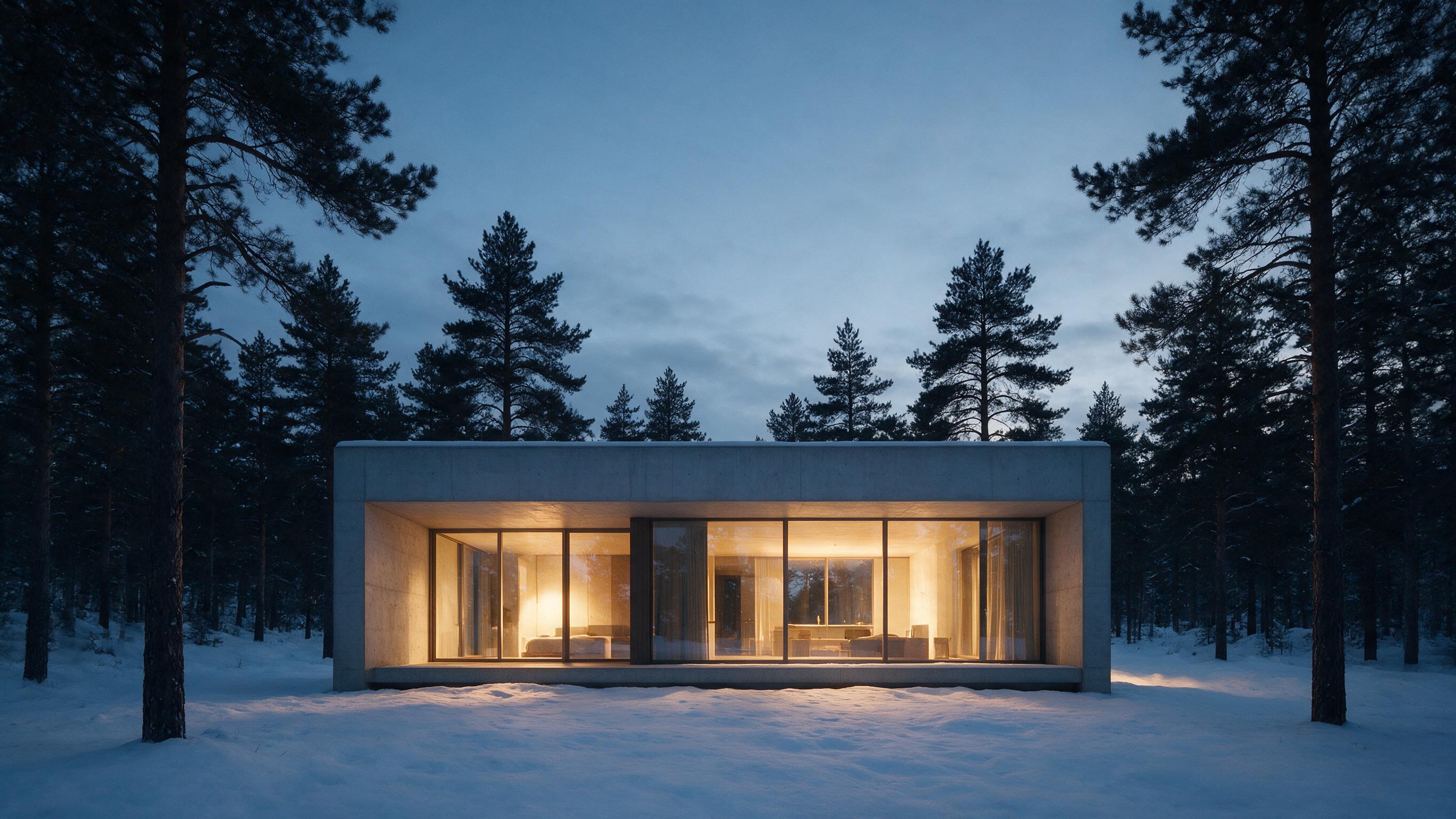 A minimalist concrete house with floor-to-ceiling windows, nestled in a snowy pine forest. Warm golden light spills from inside onto the white snow. Soft twilight, blue hour sky, silhouette of trees, clean geometric lines, calm atmosphere.