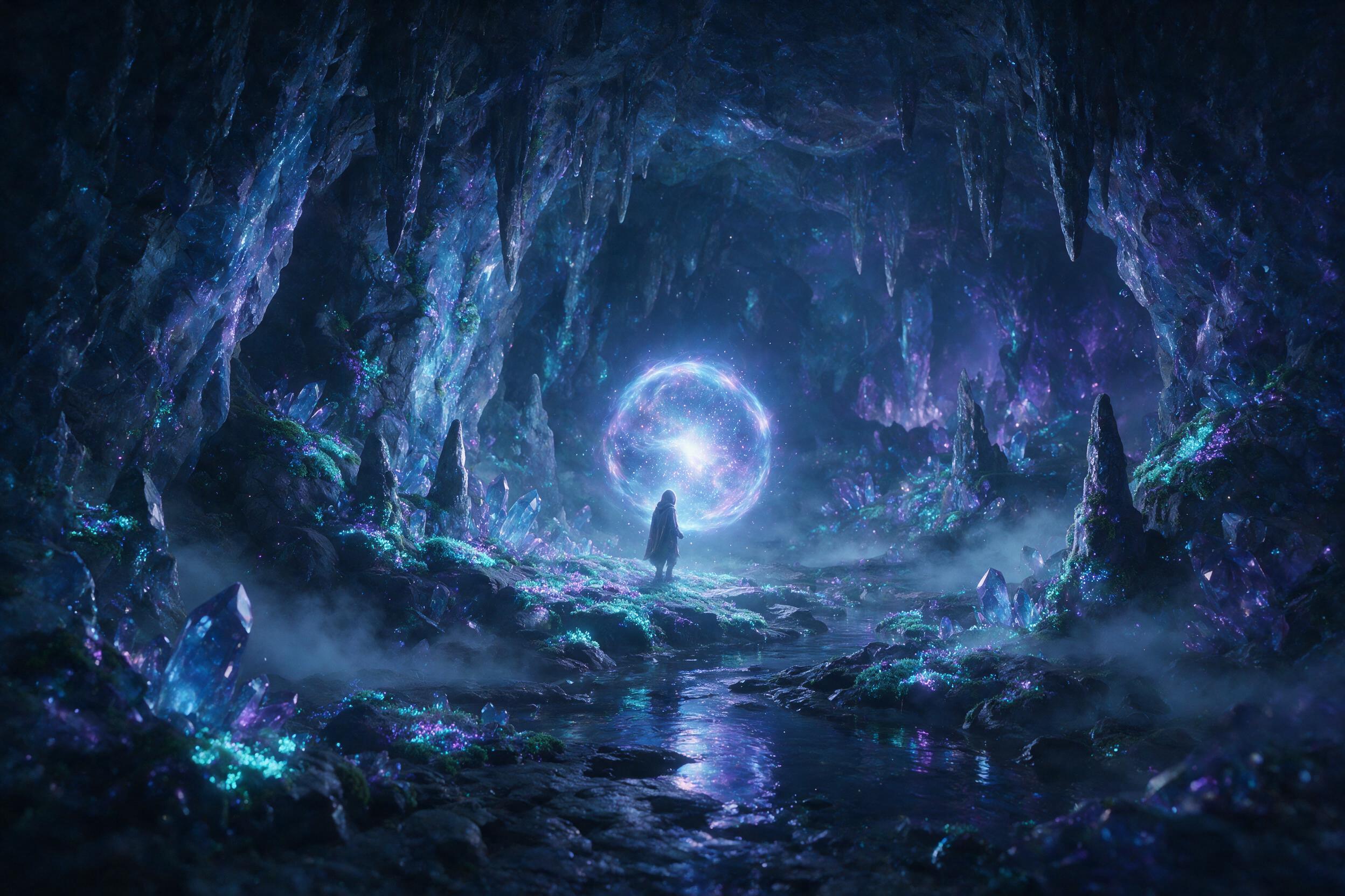A glowing crystal cave deep underground, bioluminescent moss clinging to jagged walls, a single figure in a hooded cloak standing before a floating orb of light, soft blue and purple hues, misty atmosphere, surreal dreamlike quality