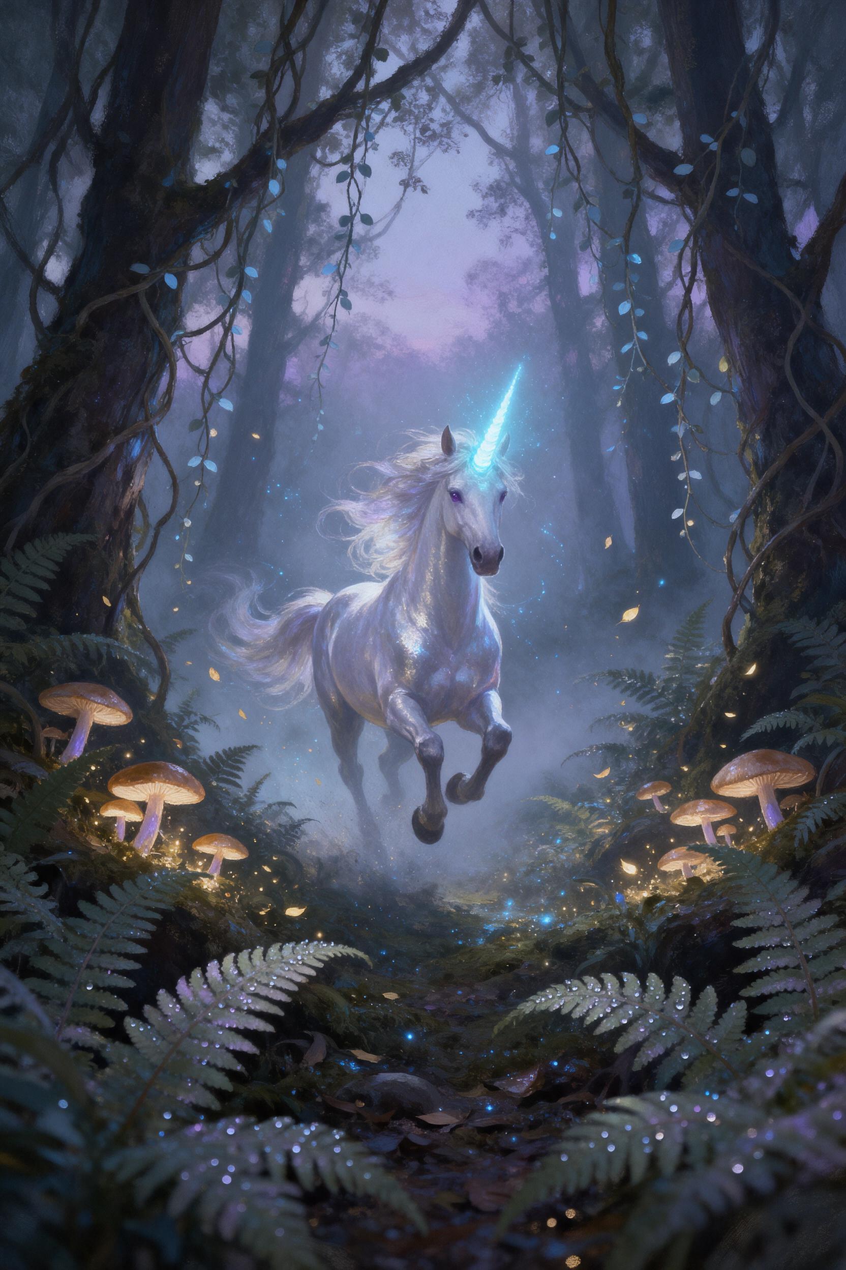 A luminous silver unicorn galloping through a misty forest at twilight, its horn glowing with soft blue light, glowing mushrooms and hanging vines framing the path, volumetric light rays piercing through fog, dew-kissed ferns in the foreground, intimate macro perspective, painterly style with rich t