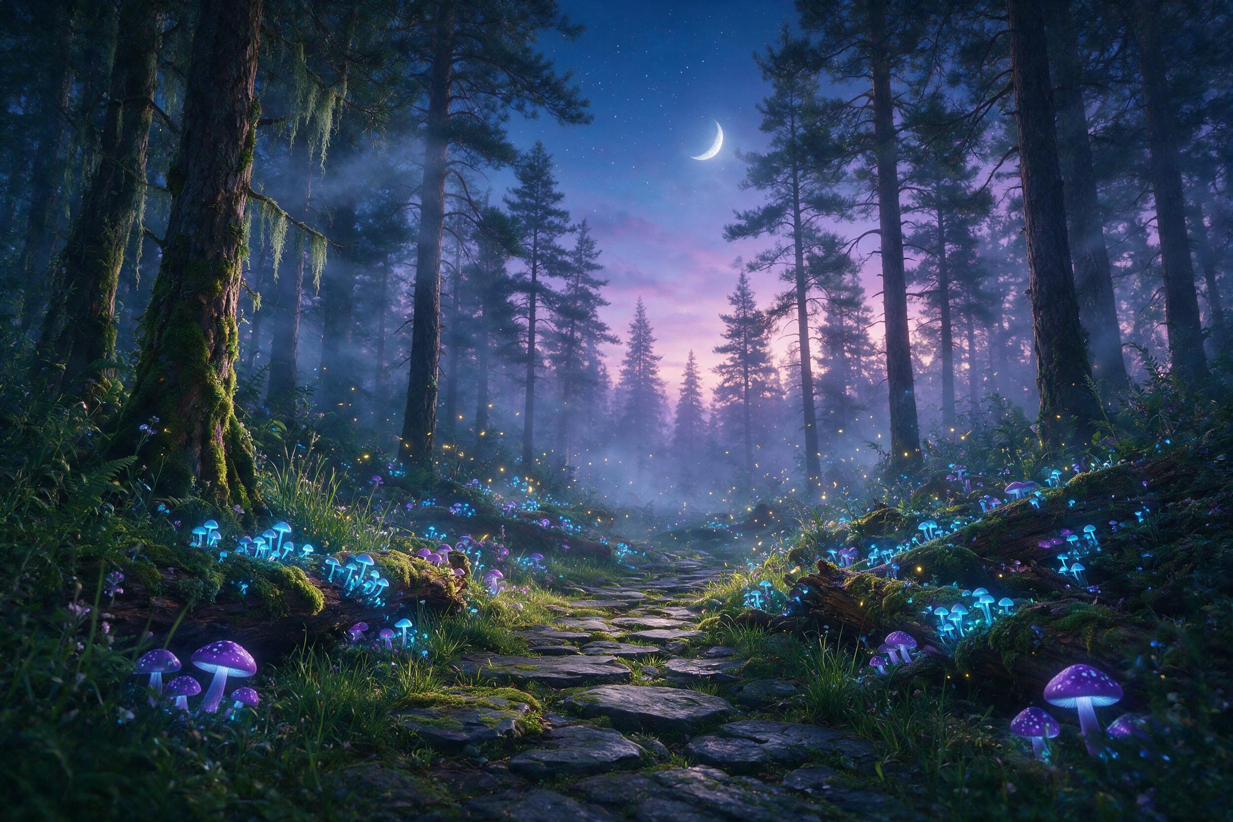 Enchanted forest at twilight, glowing mushrooms in purple and blue light, a silver crescent moon peeking through misty pine trees, fireflies dancing near a mossy stone path, soft fog, gentle shadows, ethereal atmosphere