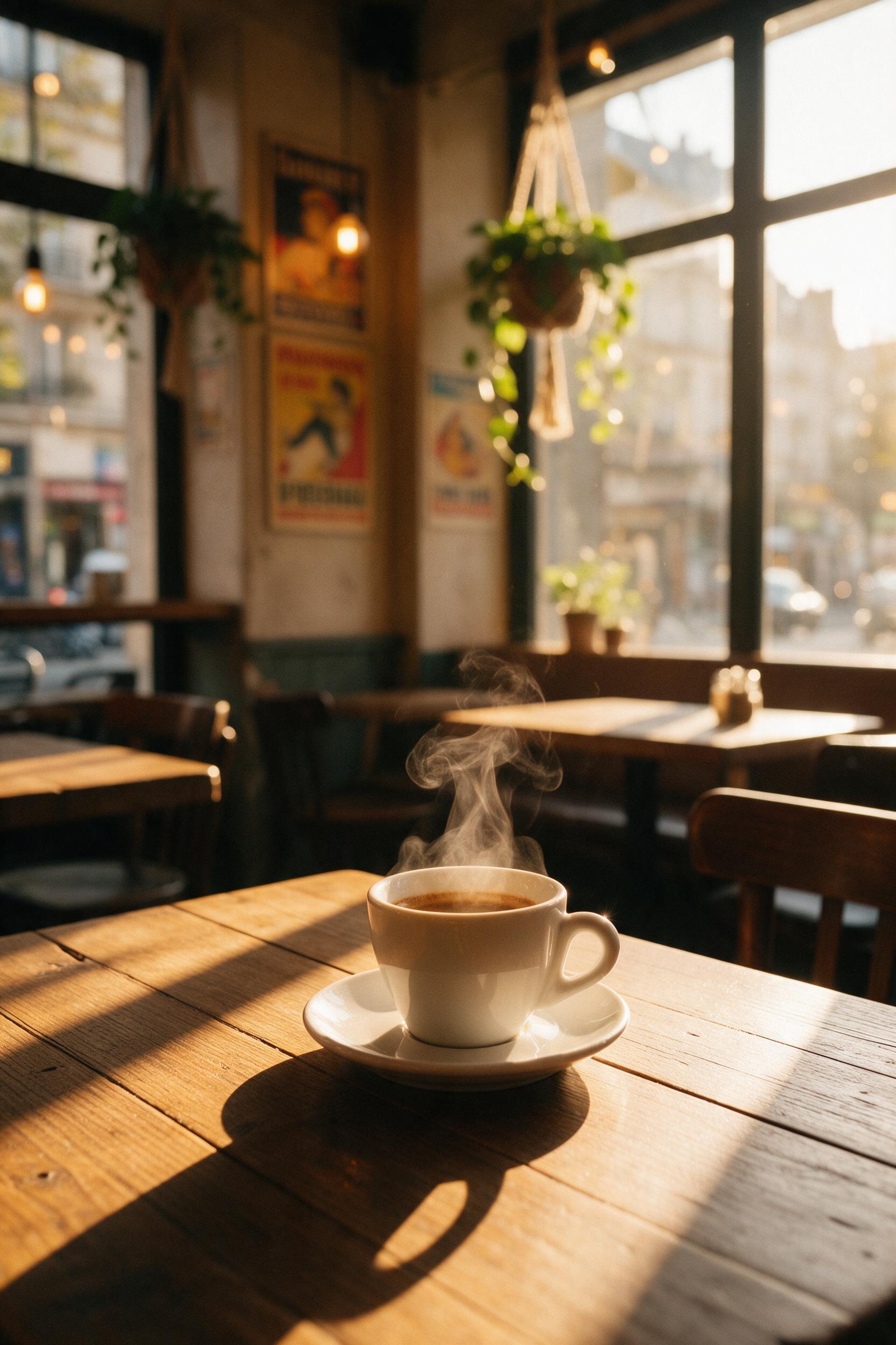 A cozy Parisian café interior at golden hour, warm sunlight streaming through large windows, casting long shadows on rustic wooden tables, a steaming espresso cup in focus, soft bokeh of hanging plants and vintage posters, inviting atmosphere, natural light and gentle film grain
