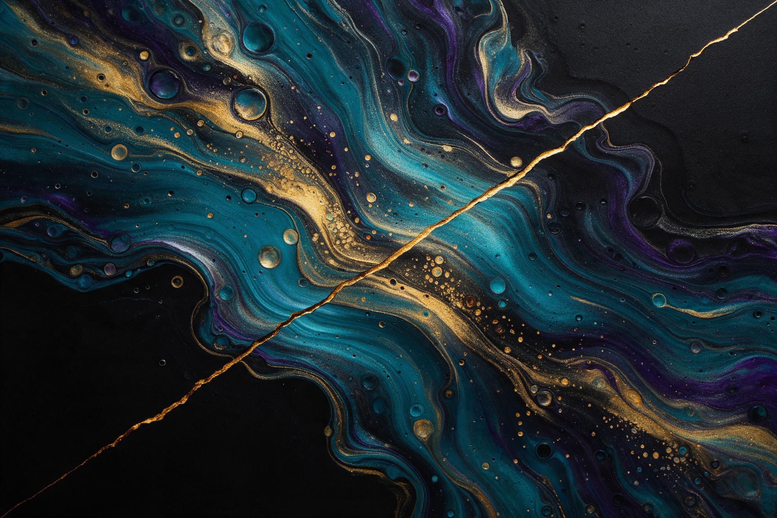 Ethereal fluid art swirls of iridescent teal, molten gold, and deep violet collide on a matte black canvas. Soft side lighting reveals delicate air bubbles and rippled textures, with a single sharp geometric crack splitting the composition diagonally. Minimalist, high contrast, 4K detail.