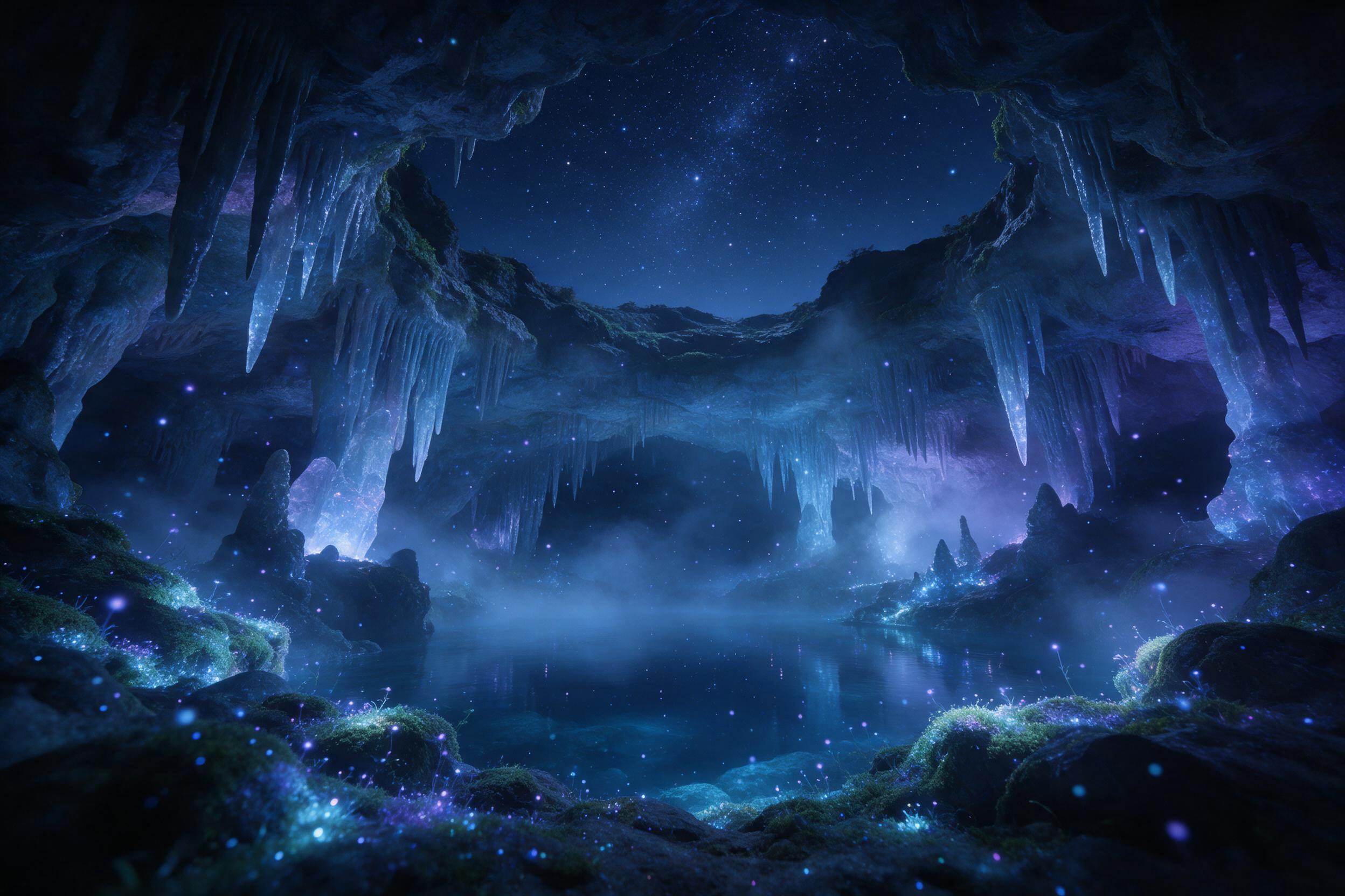 A glowing crystal cave beneath a starry night sky, bioluminescent moss and floating spores casting soft blue and violet light, a still underground lake reflecting the stars, ethereal mist weaving through stalactites, wide-angle composition, gentle ambient glow, surreal atmosphere