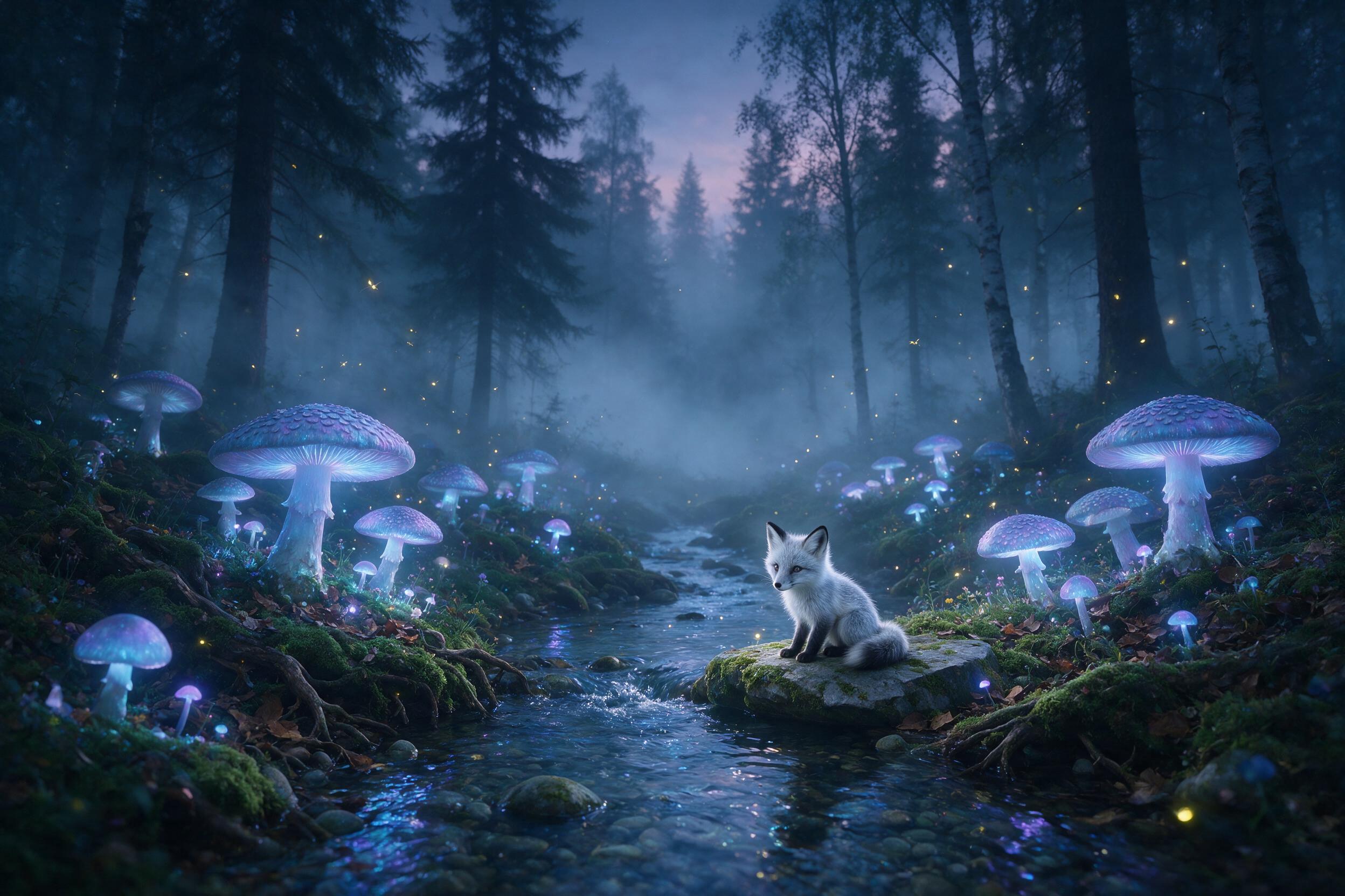 A misty twilight forest with giant glowing mushrooms, their caps casting soft blue and violet light on moss-covered roots. A tiny fox with silver fur sits beside a shimmering stream, its eyes reflecting the ethereal glow. Tall silhouetted trees fade into fog, fireflies drifting like sparks. Composit