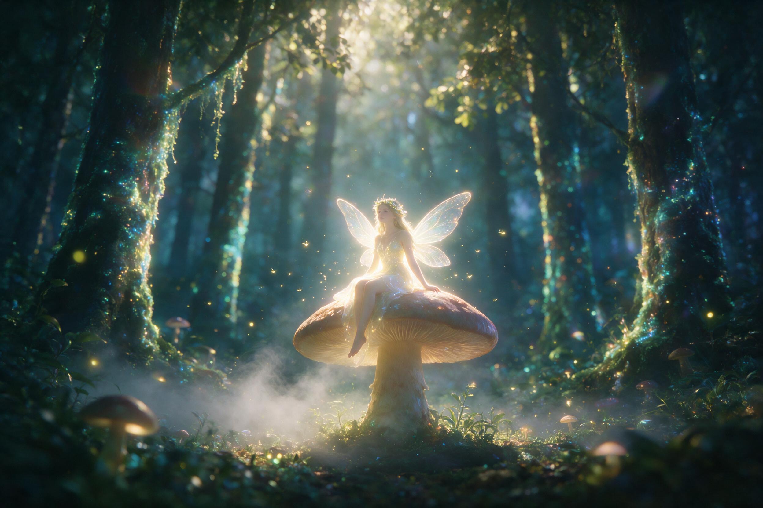 A luminous fairy queen with translucent wings sits on a giant mushroom in a glowing bioluminescent forest. Soft mist rises from the ground. Fireflies dance around her. Warm golden light from above. Dreamy, ethereal atmosphere. Slight lens flare. Shallow depth of field, blurred background.